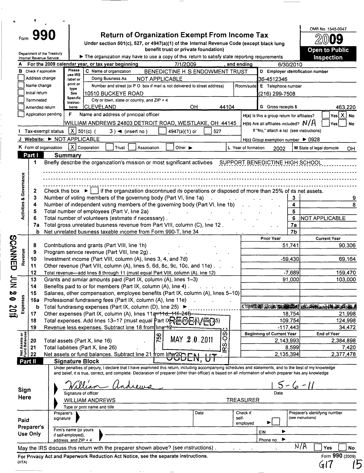 Image of first page of 2009 Form 990 for Benedictine H S Endowment Trust