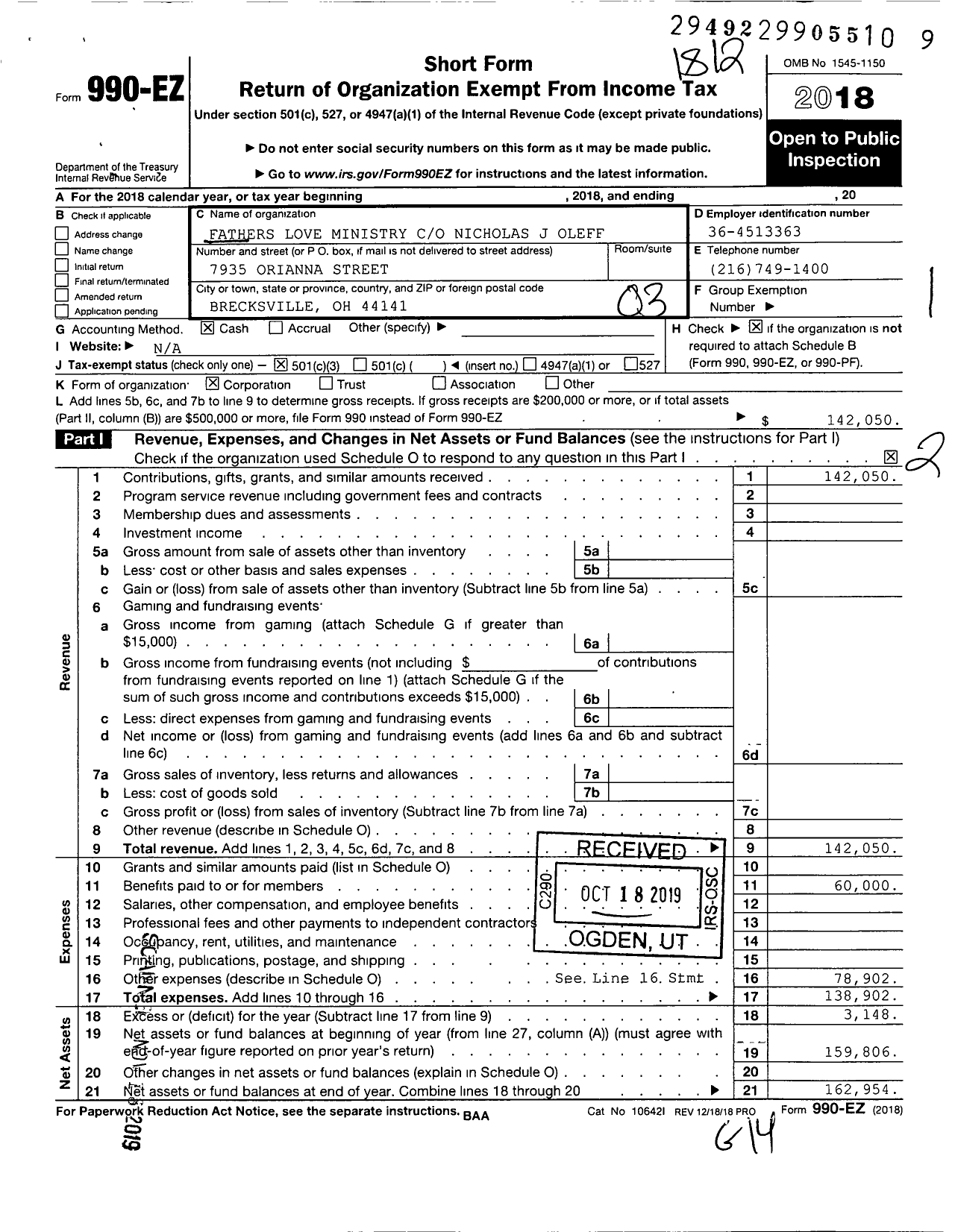 Image of first page of 2018 Form 990EZ for Fathers Love Ministry C O Nicholas J Oleff