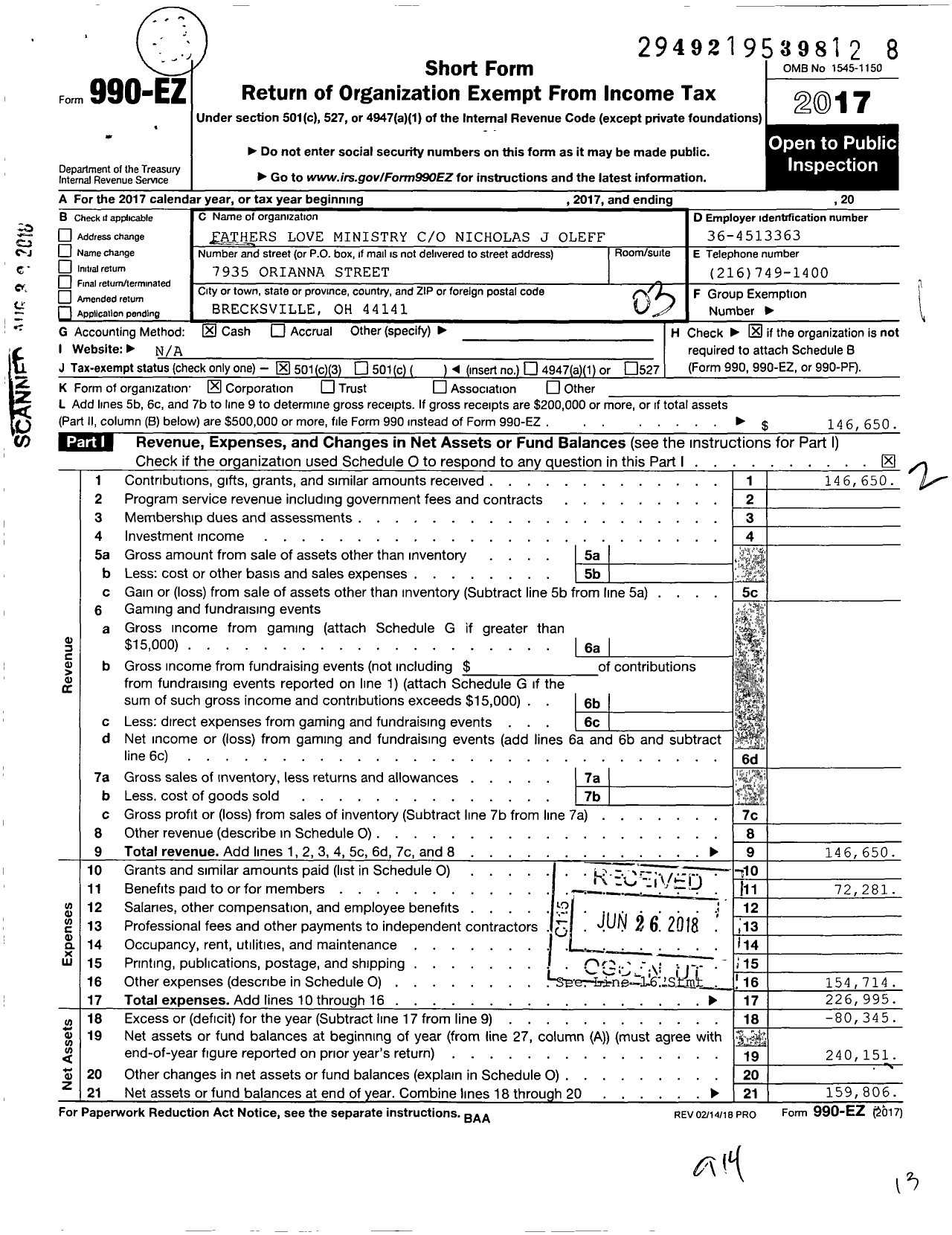 Image of first page of 2017 Form 990EZ for Fathers Love Ministry C O Nicholas J Oleff