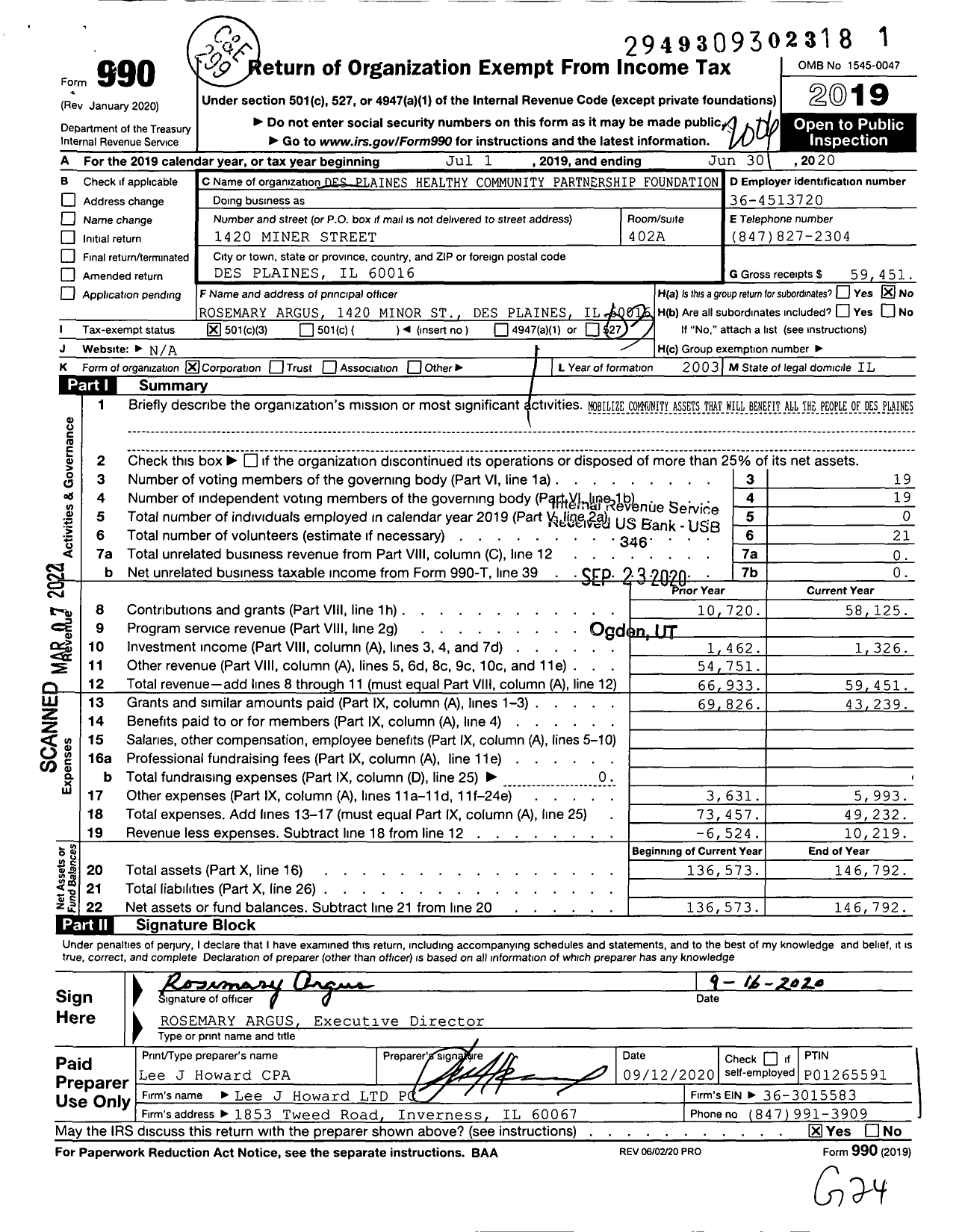 Image of first page of 2019 Form 990 for Des Plaines Healthy Community Partnership Foundation