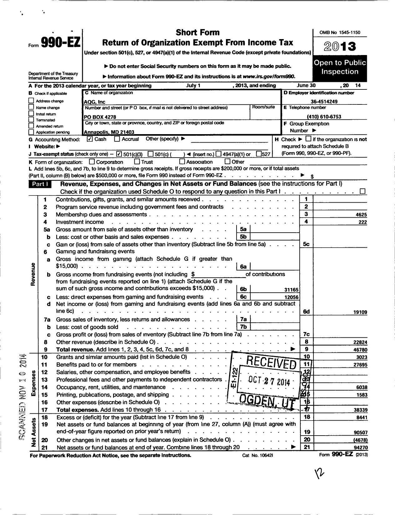 Image of first page of 2013 Form 990EZ for Aqg