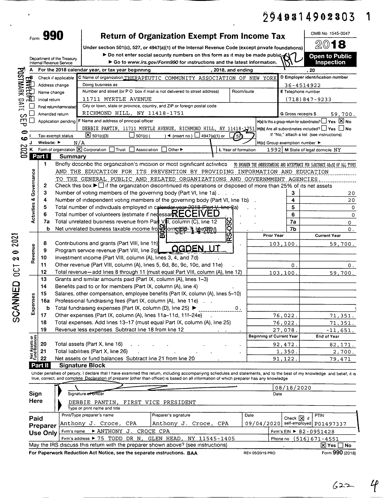 Image of first page of 2018 Form 990 for Therapeutic Community Association of New York