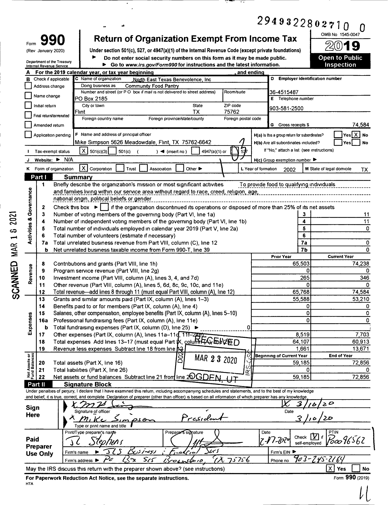 Image of first page of 2019 Form 990 for Community Food Pantry / North East Texas Benevolence Inc