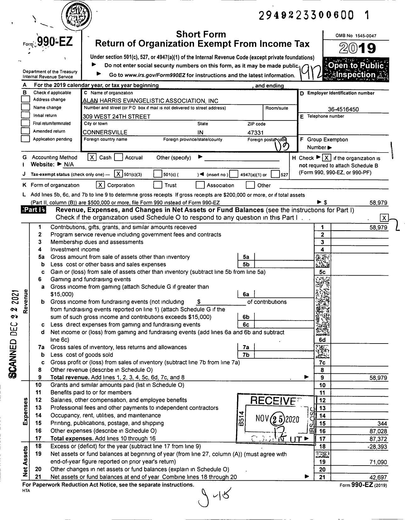 Image of first page of 2019 Form 990EZ for Alan Harris Evangelistic Associnc