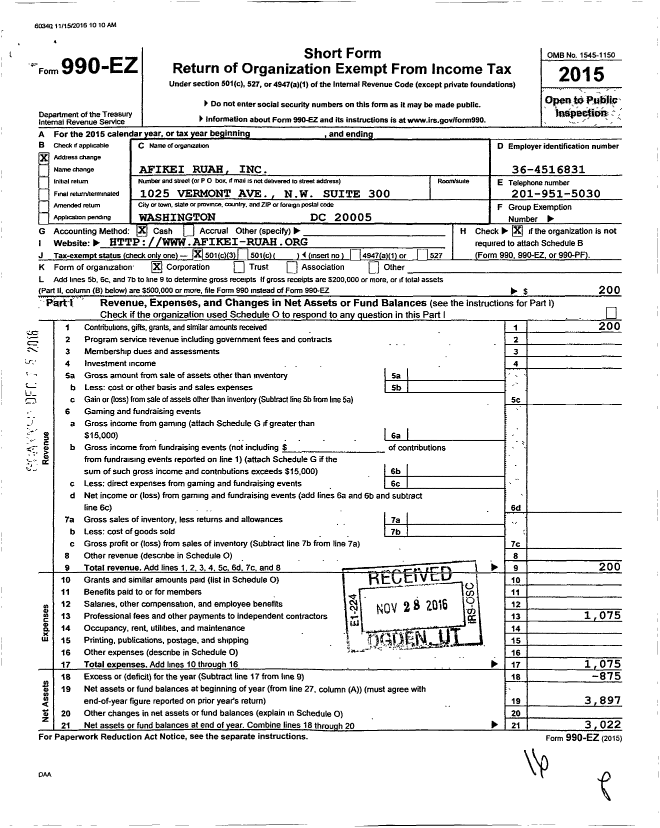 Image of first page of 2015 Form 990EZ for Afikei Ruah