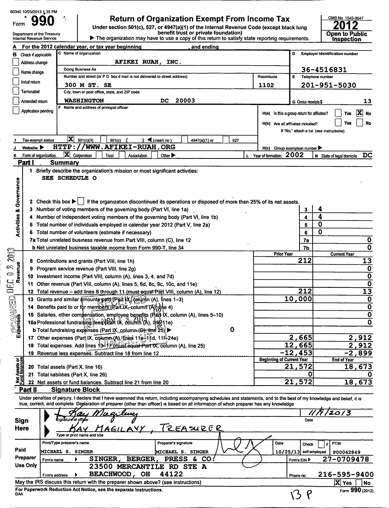 Image of first page of 2012 Form 990 for Afikei Ruah