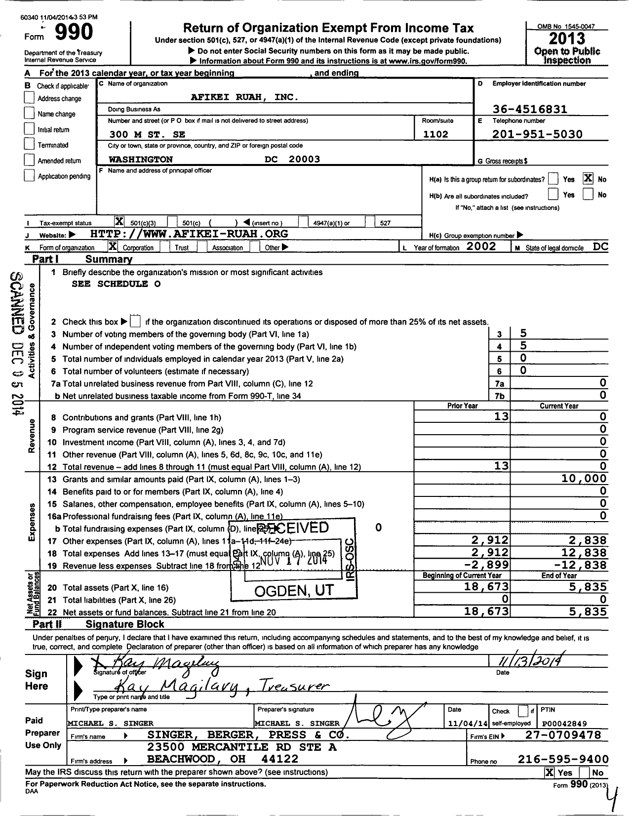 Image of first page of 2013 Form 990 for Afikei Ruah