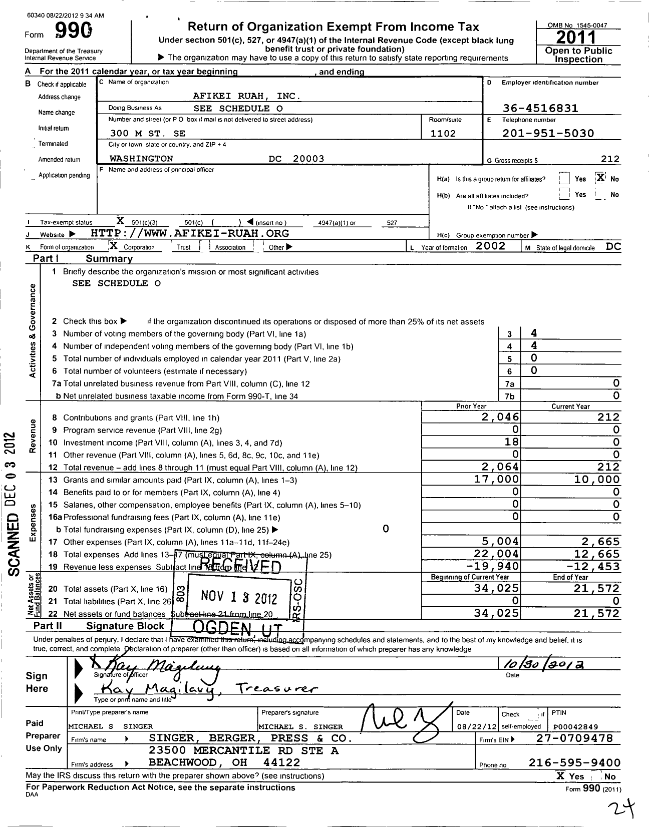 Image of first page of 2011 Form 990 for Afikei Ruah