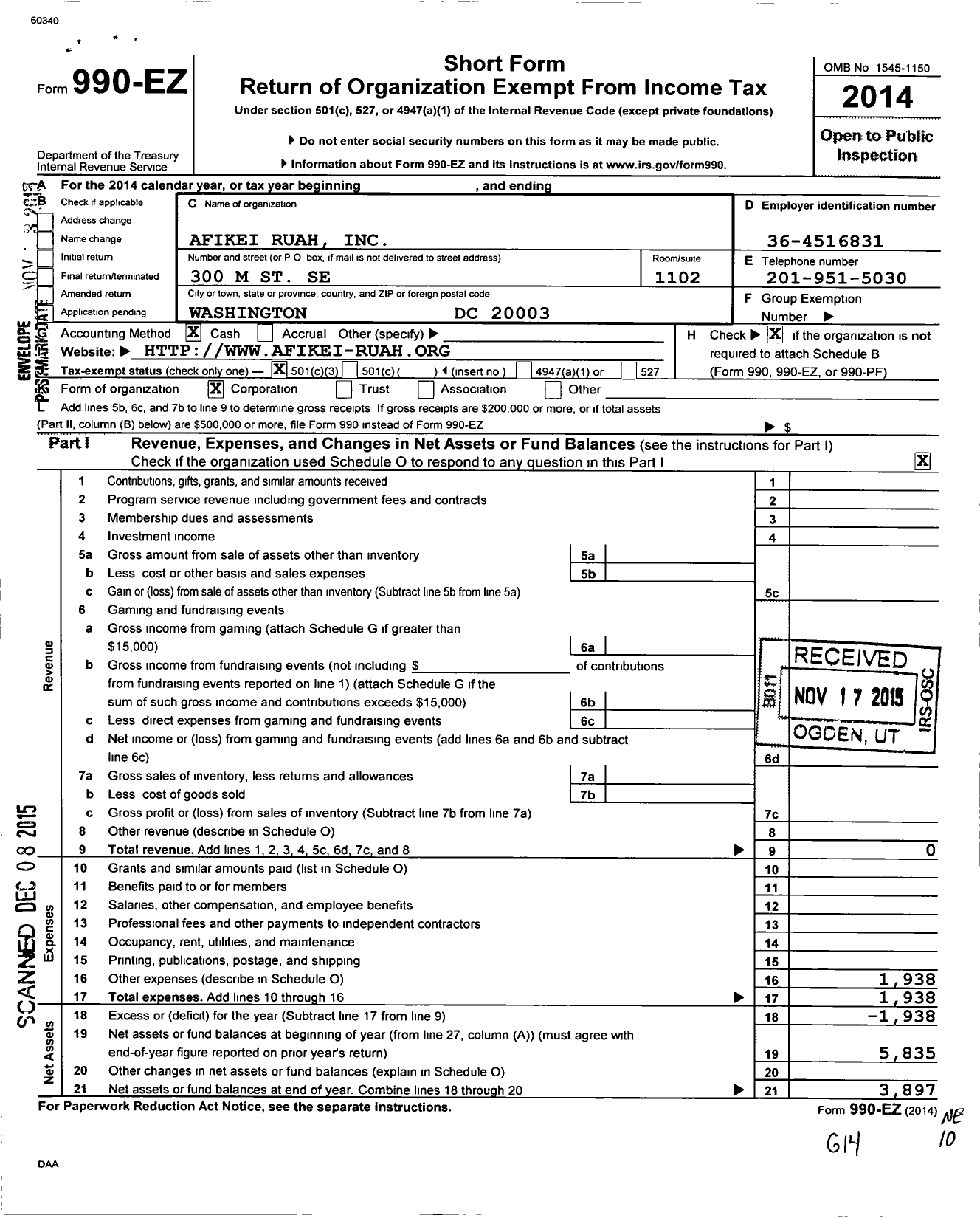 Image of first page of 2014 Form 990EZ for Afikei Ruah