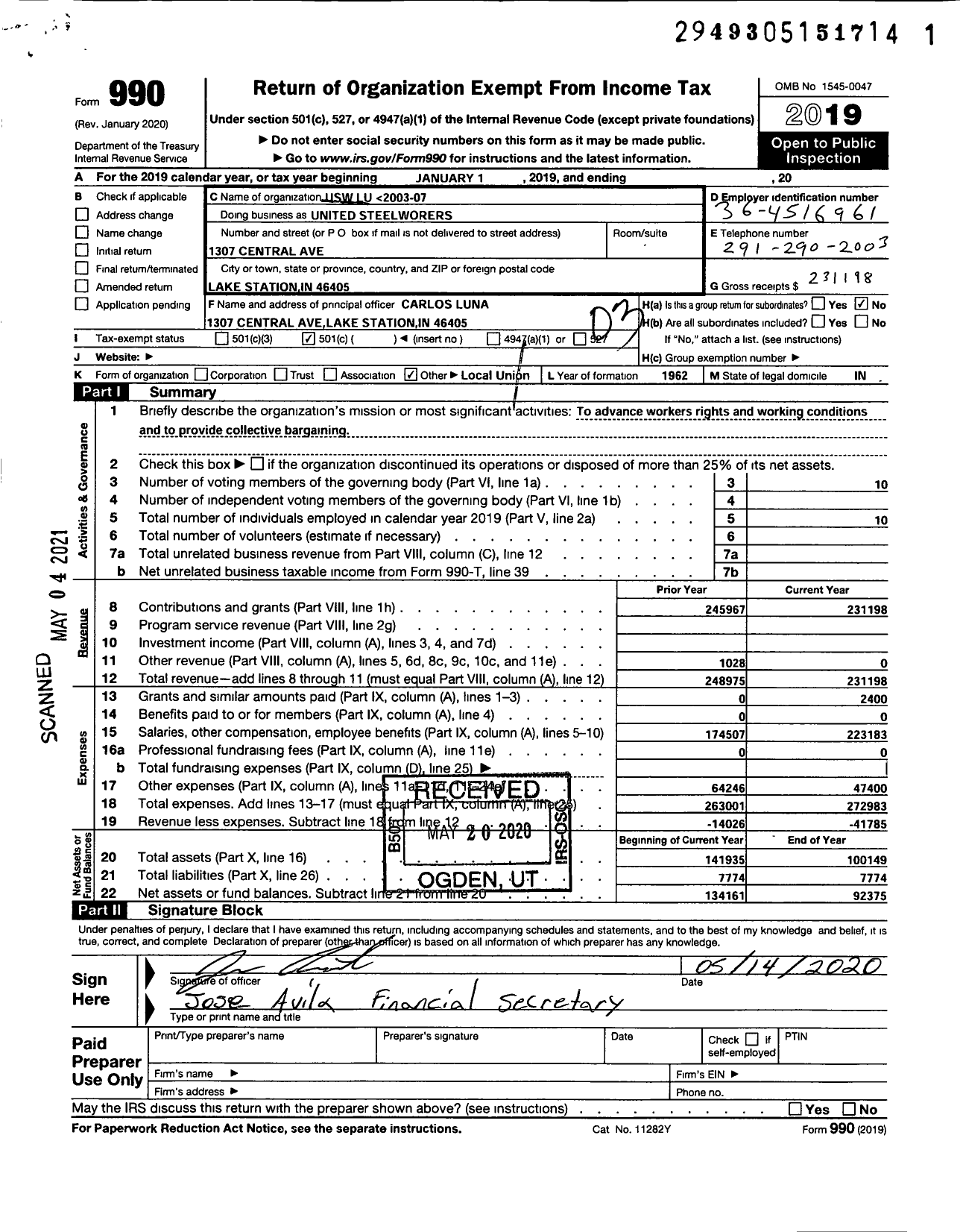 Image of first page of 2019 Form 990O for United Steelworkers - Local Union 02003