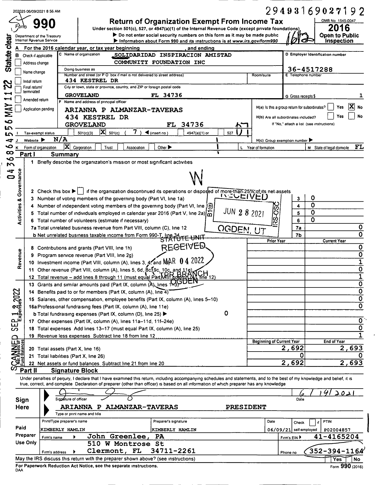 Image of first page of 2016 Form 990O for Solidaridad Inspiration Amistad Community Foundation