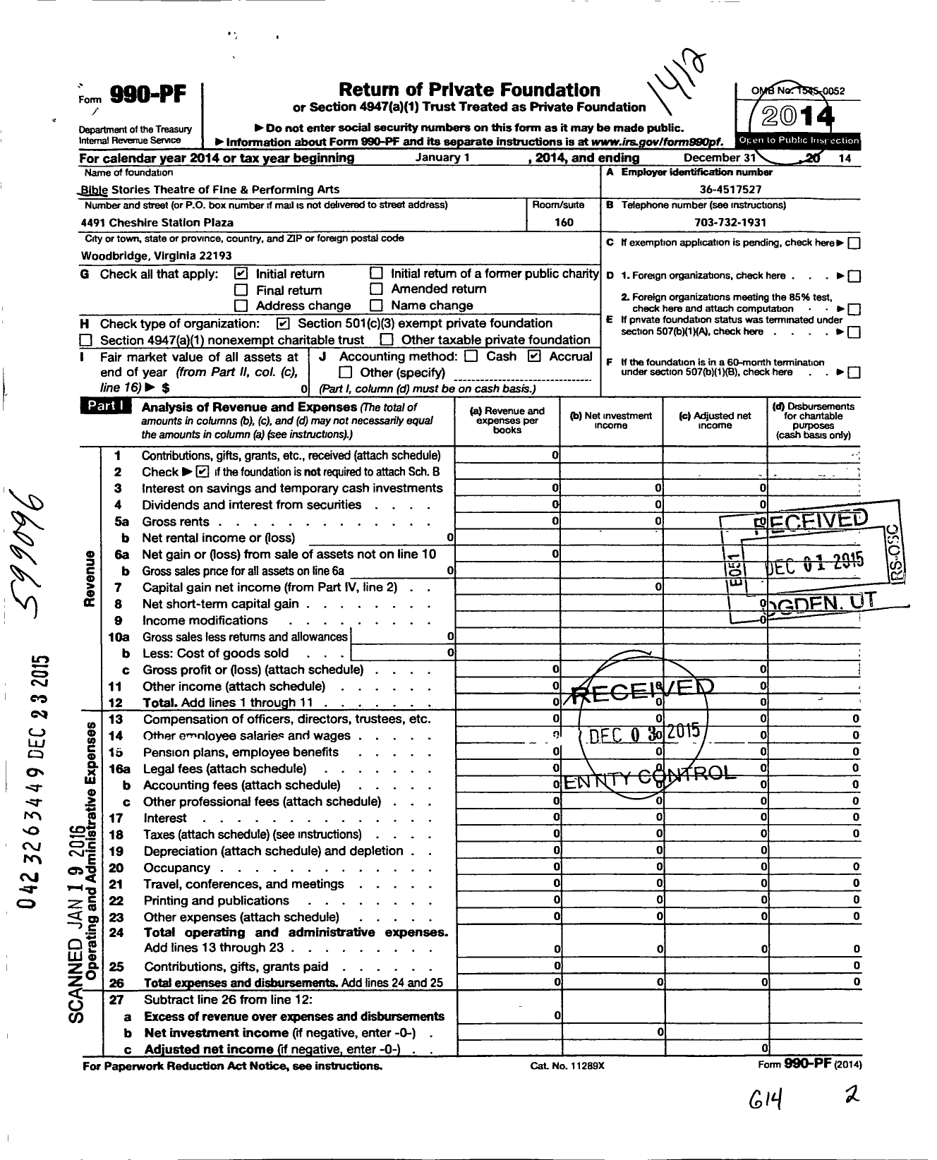 Image of first page of 2014 Form 990PF for Bible Stories Theatre of Fine and Performing Arts