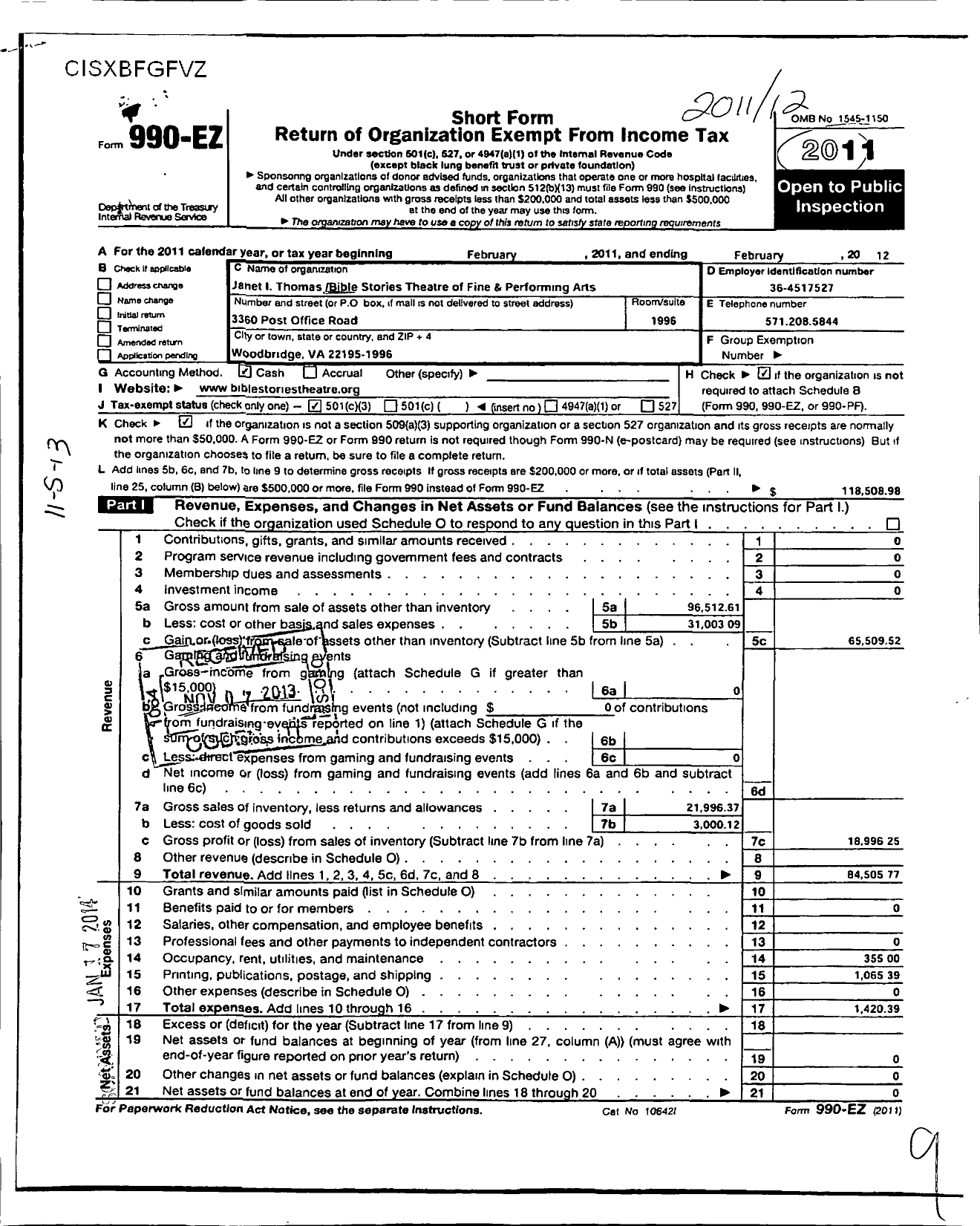 Image of first page of 2011 Form 990EZ for Bible Stories Theatre of Fine and Performing Arts