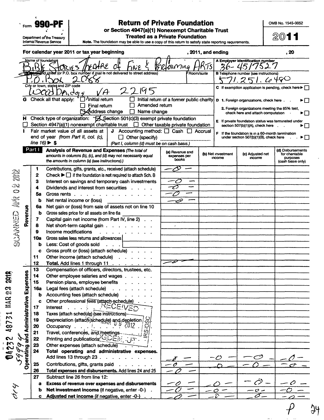 Image of first page of 2011 Form 990PF for Bible Stories Theatre of Fine and Performing Arts