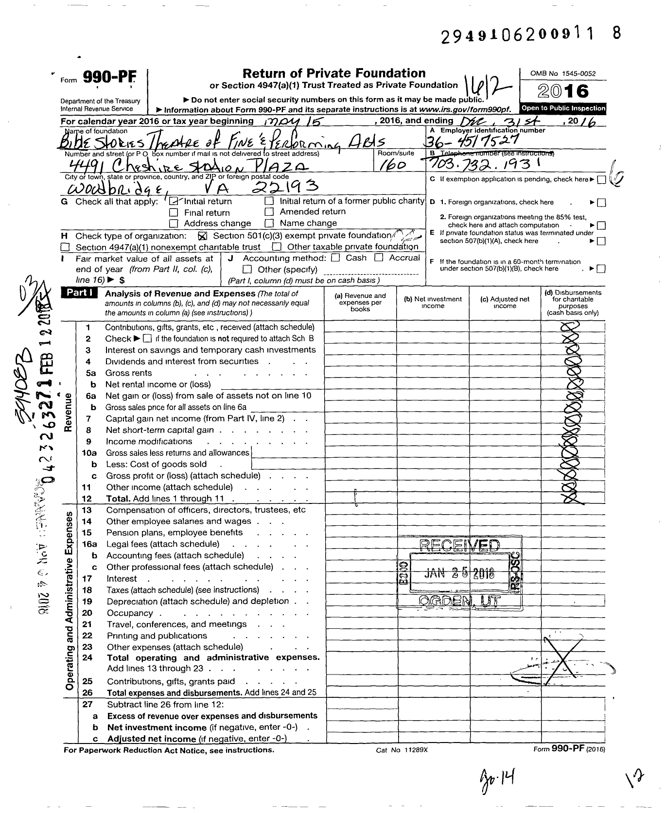 Image of first page of 2016 Form 990PF for Bible Stories Theatre of Fine and Performing Arts