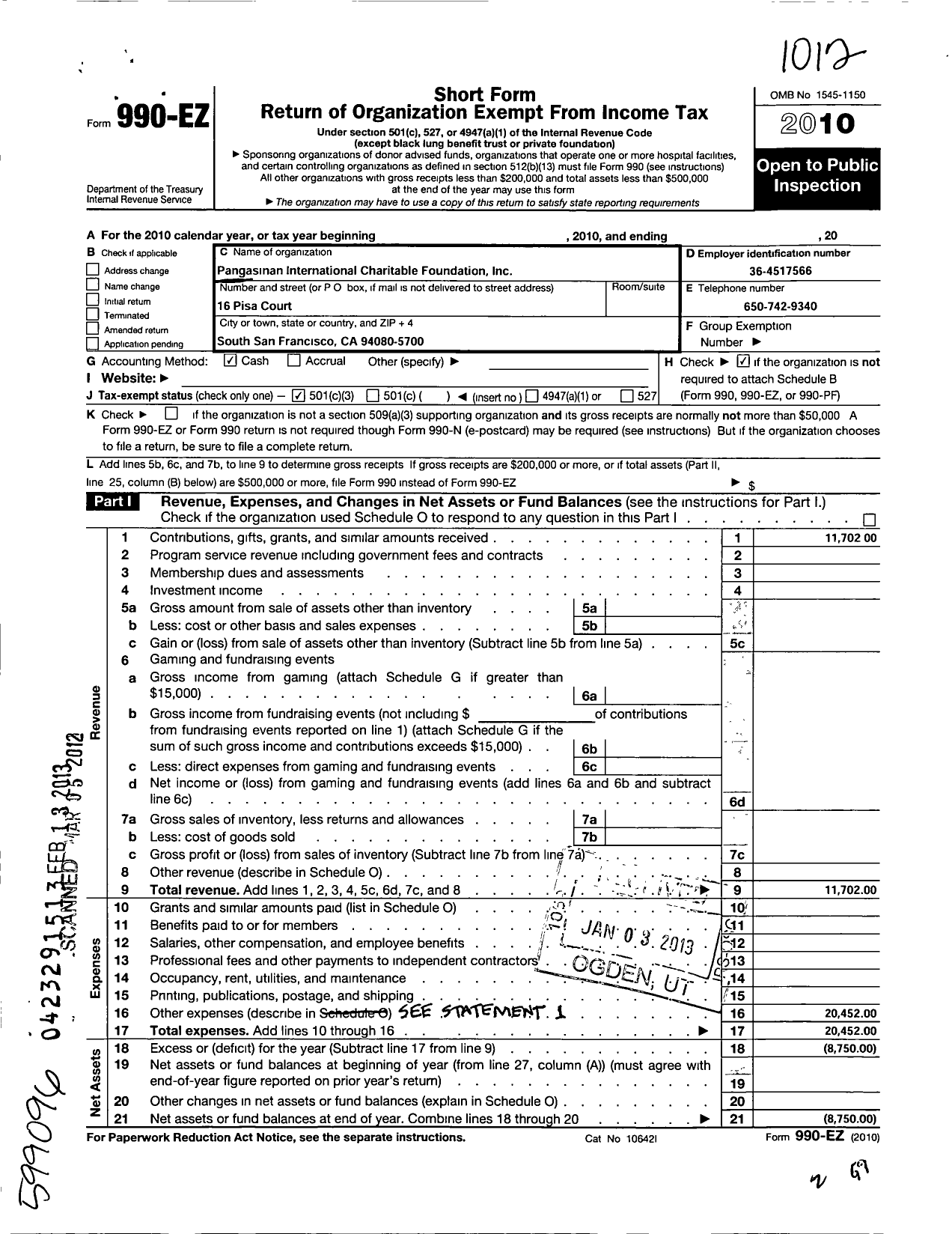 Image of first page of 2010 Form 990EZ for Pangasinan International Charitable Foundation