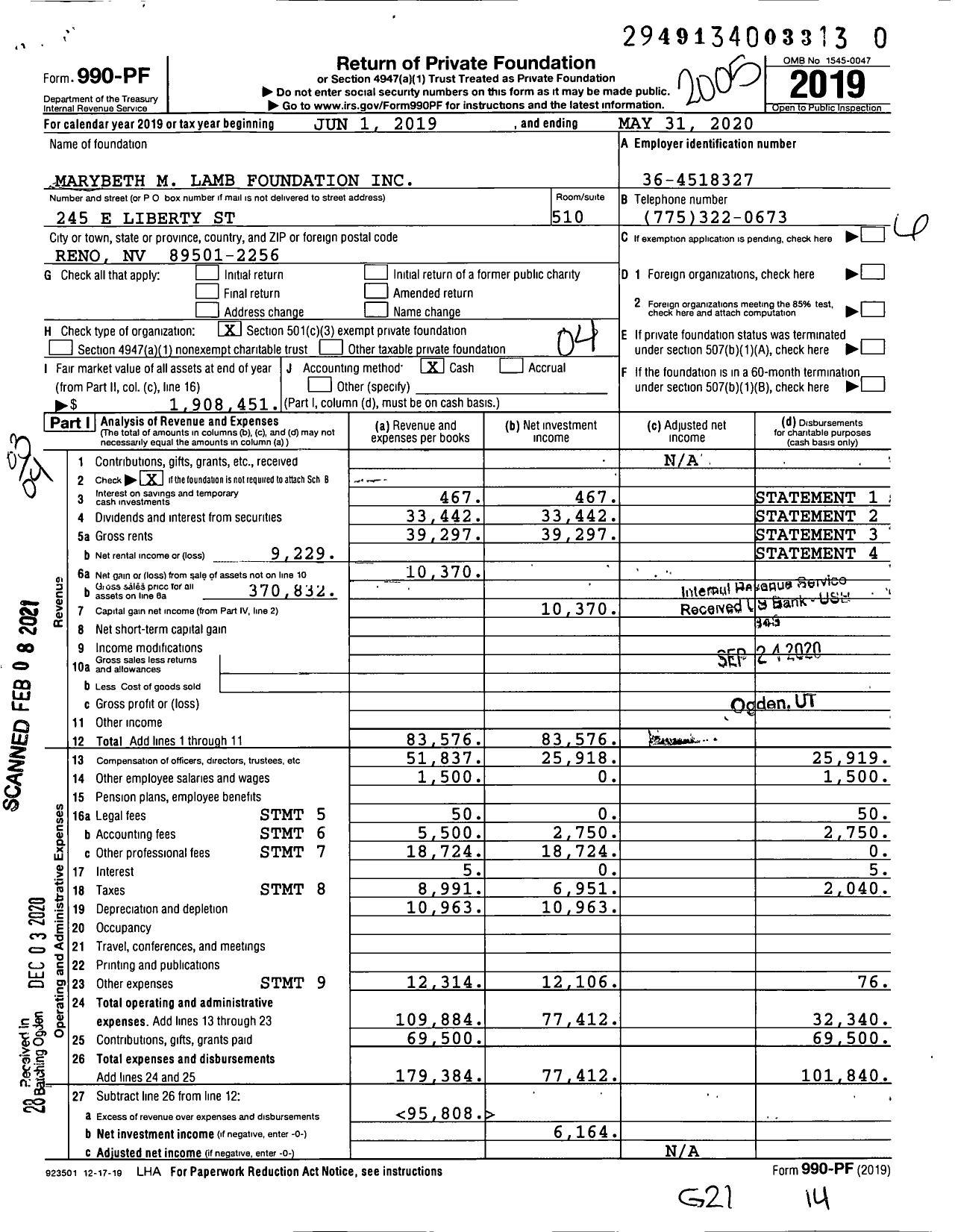 Image of first page of 2019 Form 990PF for Marybeth M Lamb Foundation