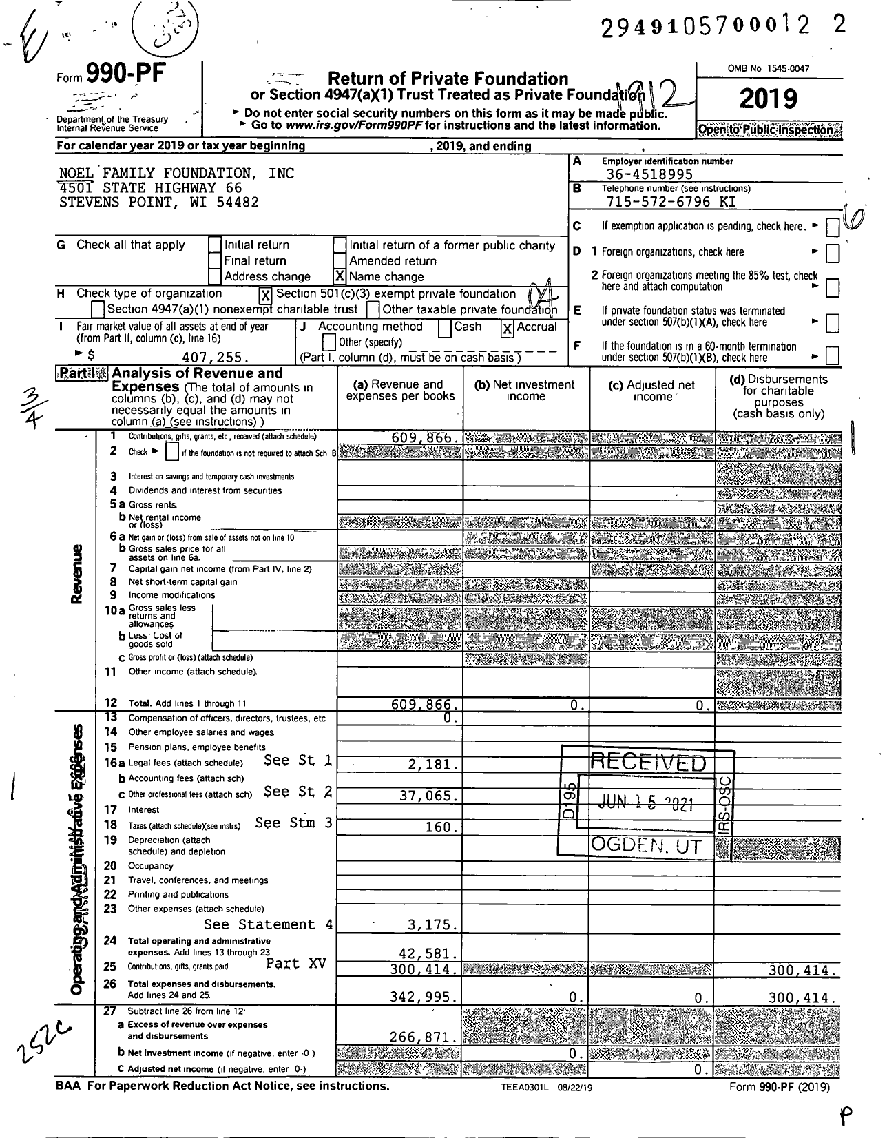 Image of first page of 2019 Form 990PF for Noel Family Foundation