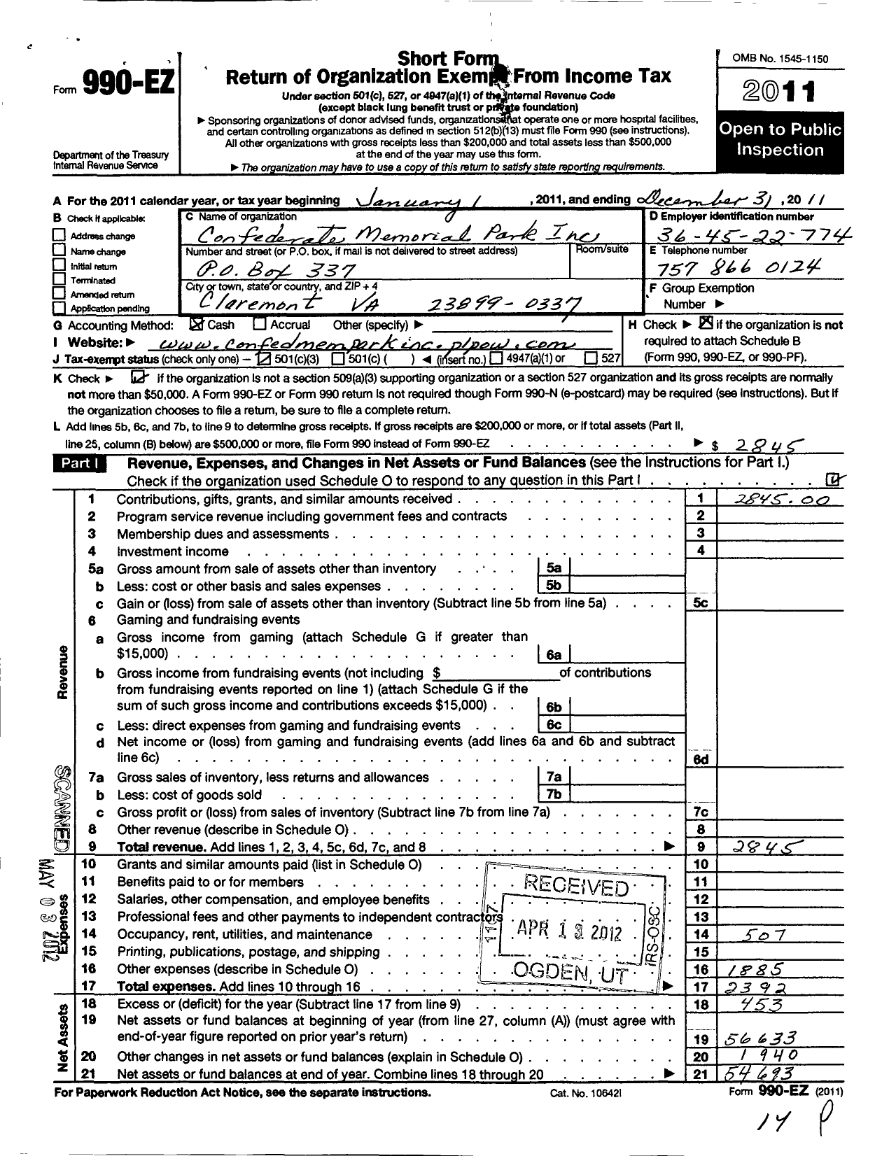 Image of first page of 2011 Form 990EZ for Confederate Memorial Park