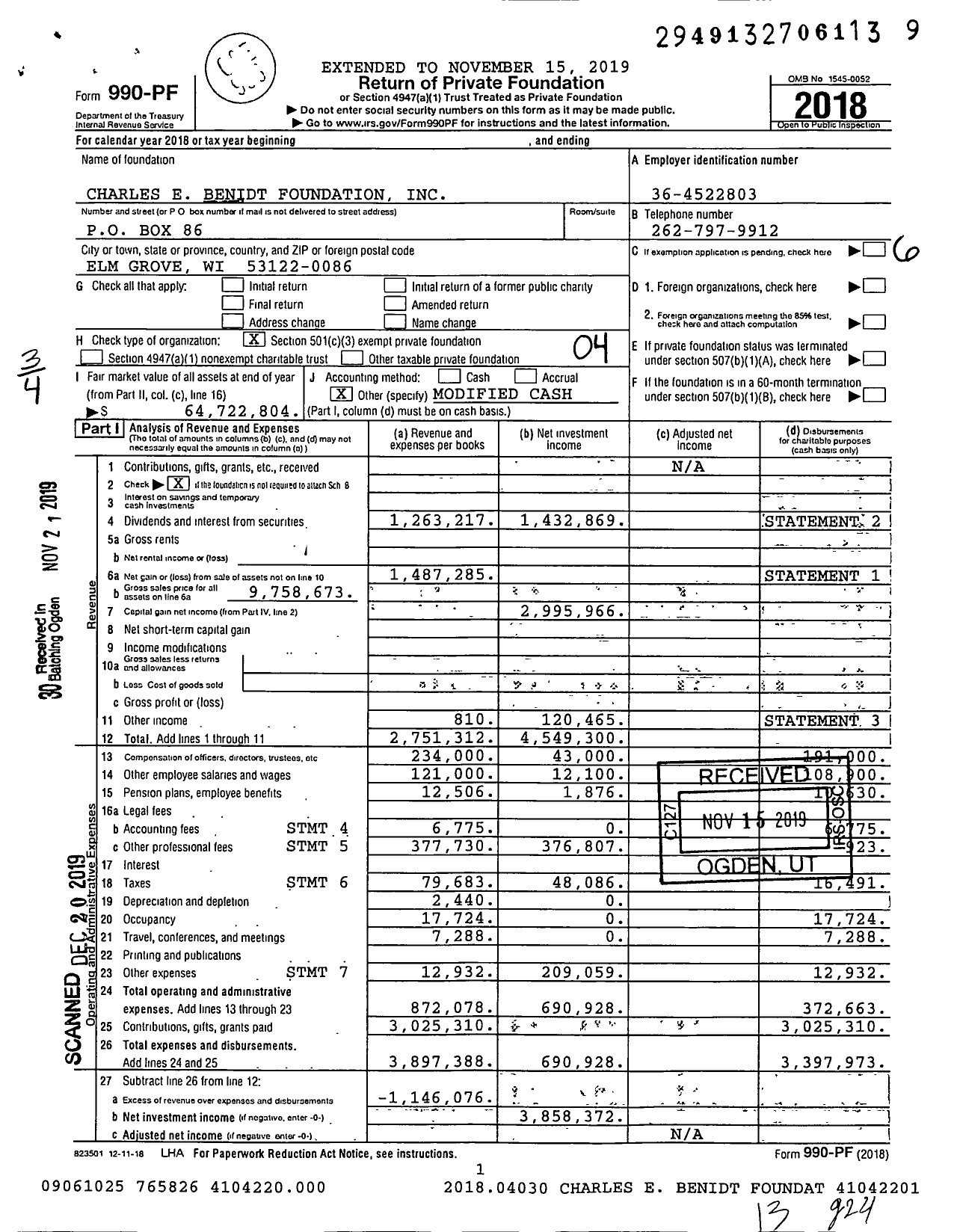 Image of first page of 2018 Form 990PF for Charles E Benidt Foundation