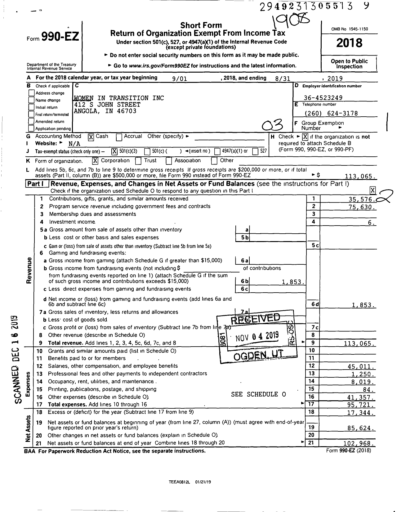 Image of first page of 2018 Form 990EZ for Women in Transition