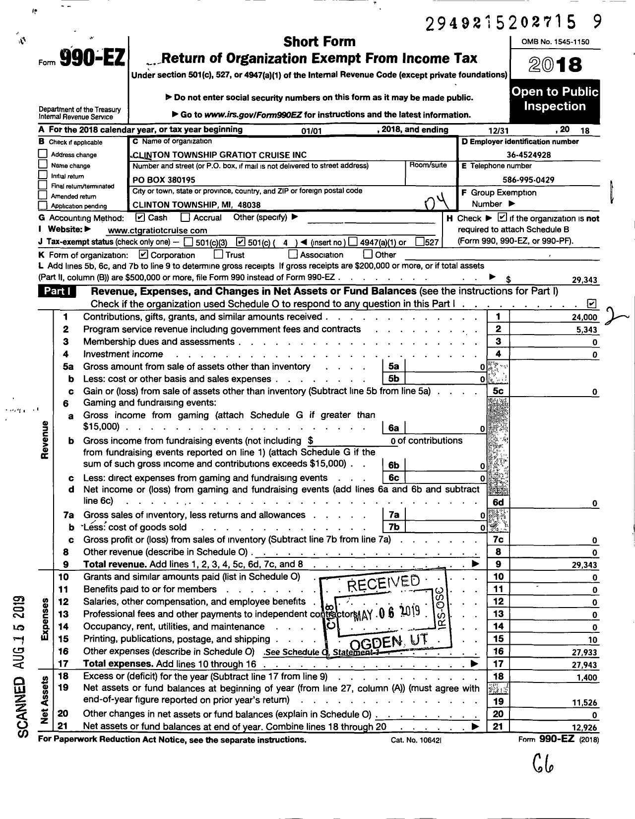 Image of first page of 2018 Form 990EO for Clinton Township Gratiot Cruise