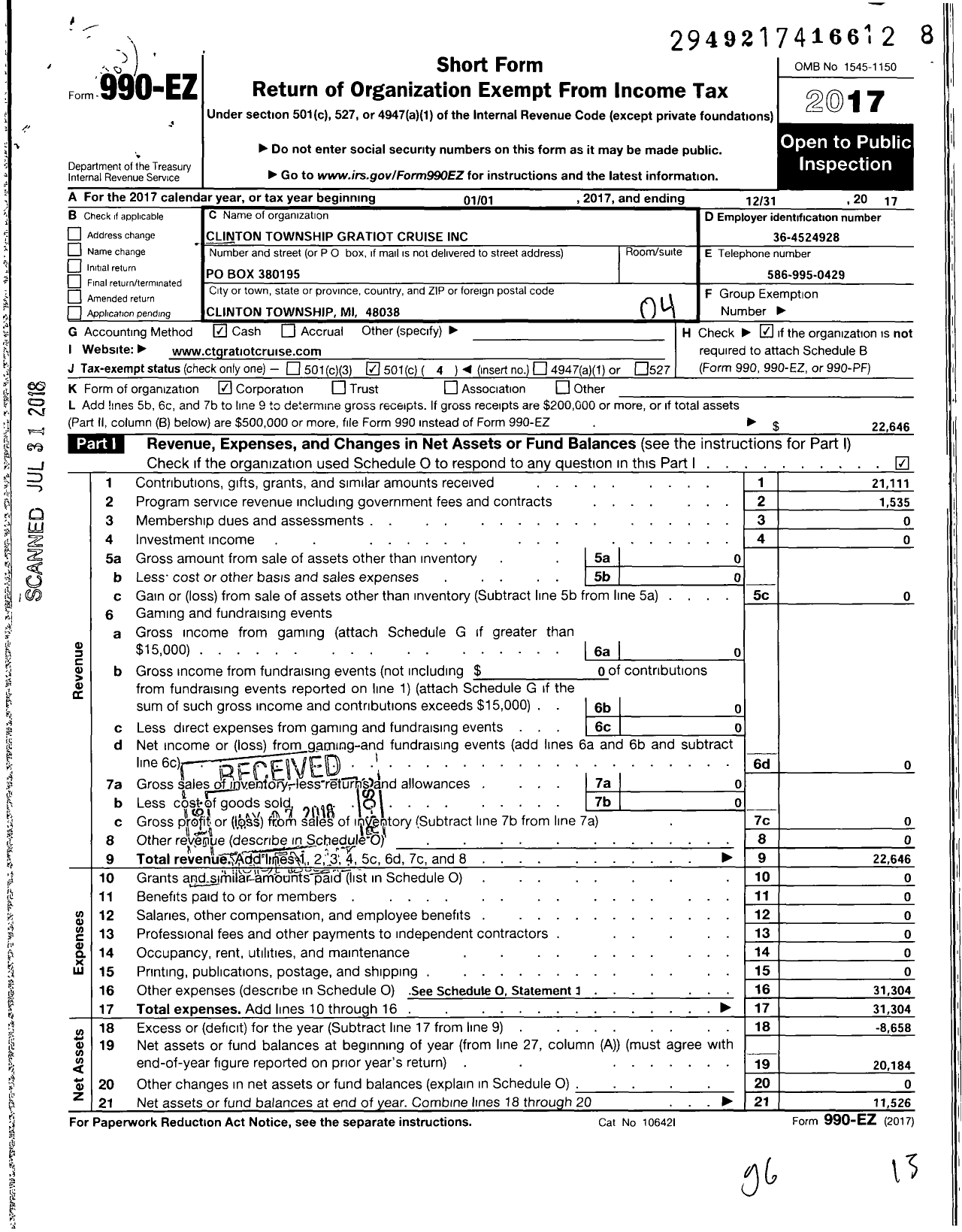 Image of first page of 2017 Form 990EO for Clinton Township Gratiot Cruise