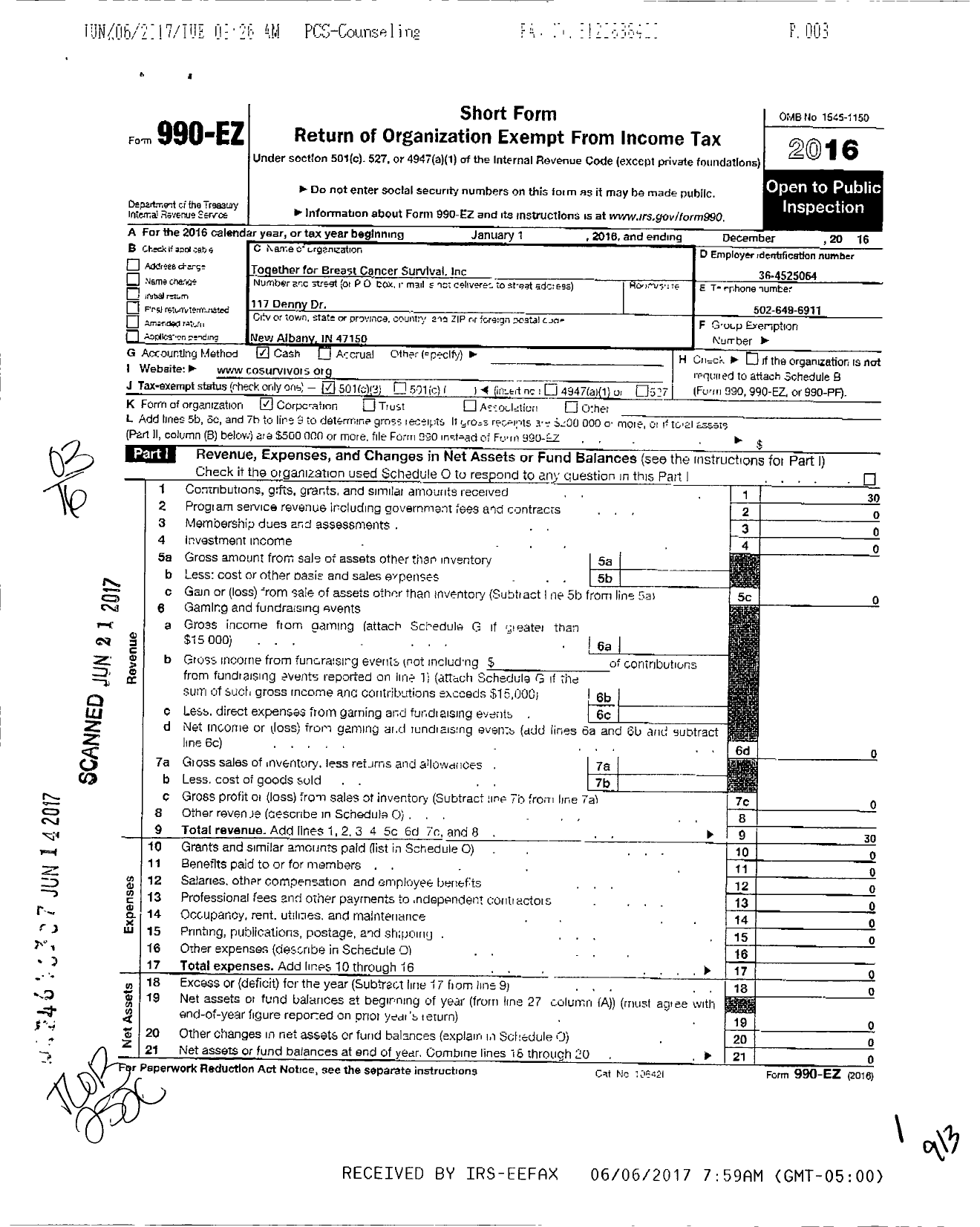 Image of first page of 2016 Form 990EZ for Together for Breast Cancer Survival