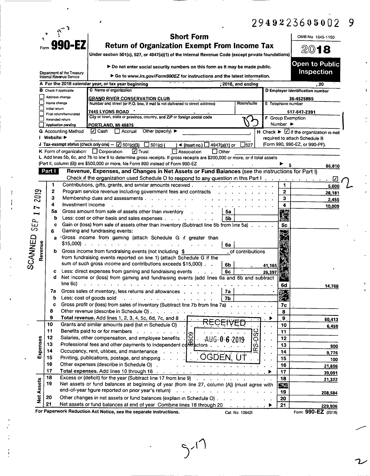 Image of first page of 2018 Form 990EZ for Grand River Conservation Club