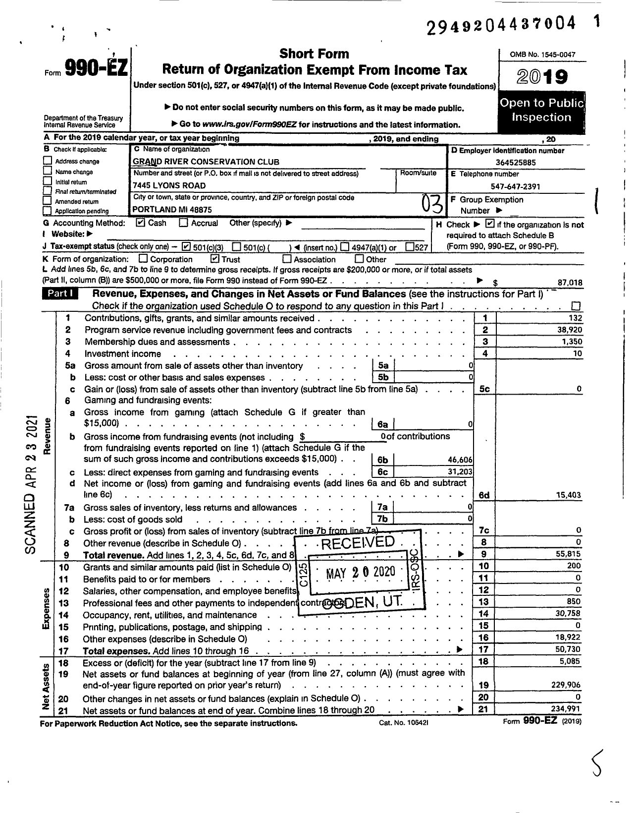 Image of first page of 2019 Form 990EZ for Grand River Conservation Club