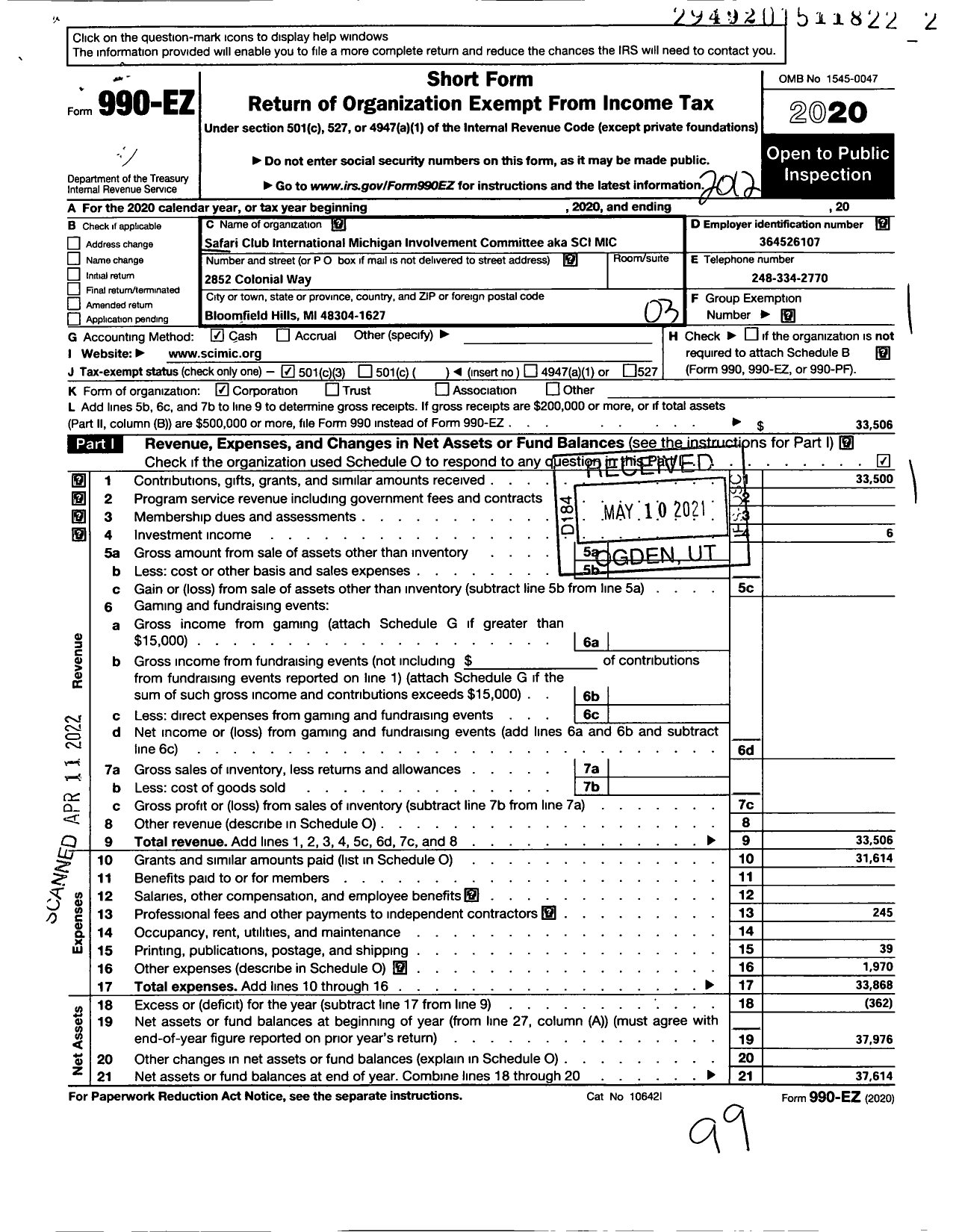 Image of first page of 2020 Form 990EZ for Safari Club International Michigan Involvement Committee (SCI MIC)