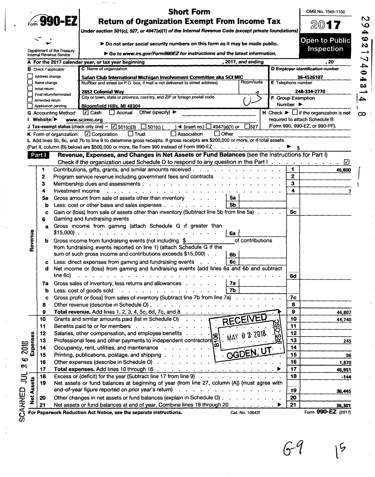 Image of first page of 2017 Form 990EZ for Safari Club International Michigan Involvement Committee (SCI MIC)