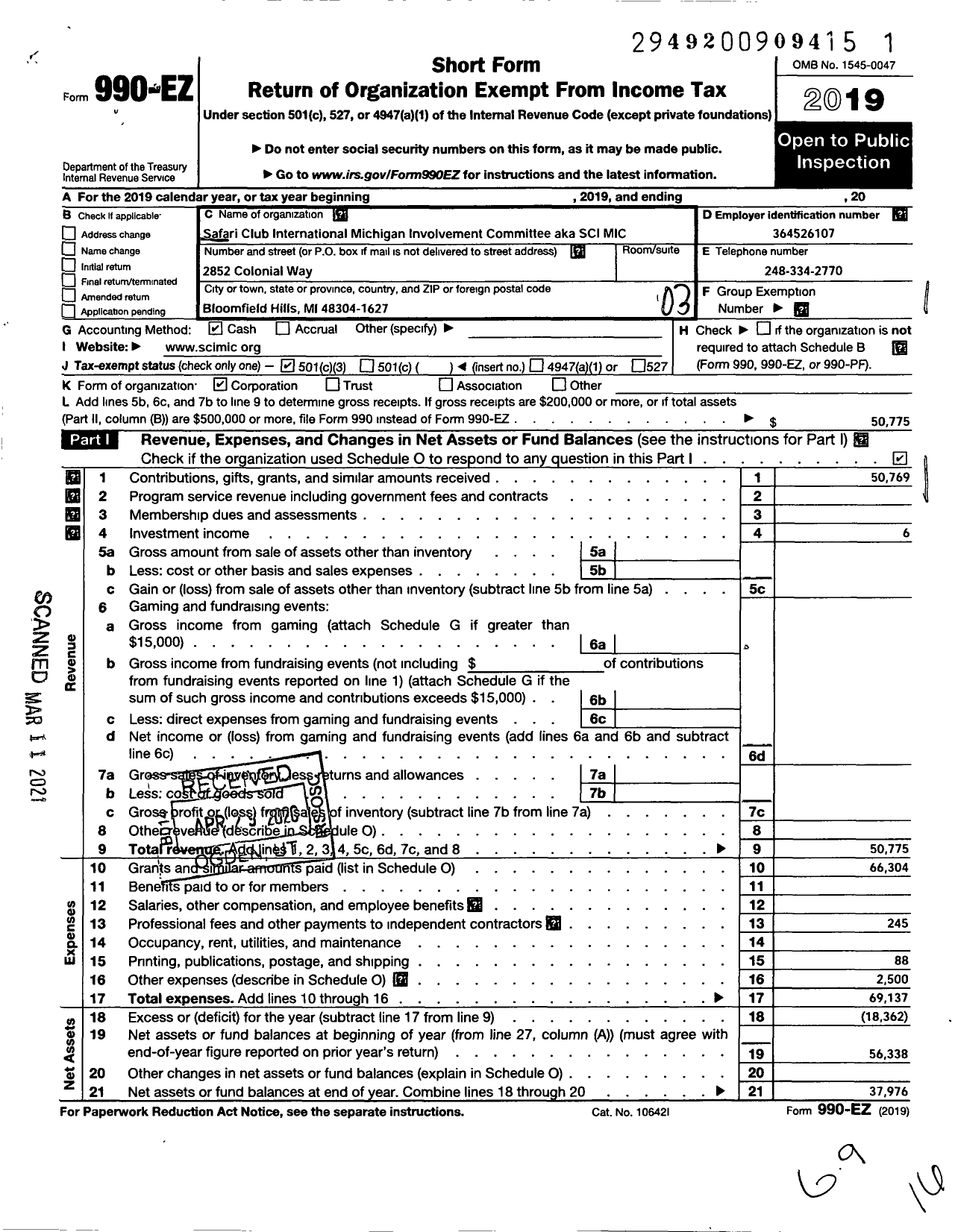 Image of first page of 2019 Form 990EZ for Safari Club International Michigan Involvement Committee (SCI MIC)