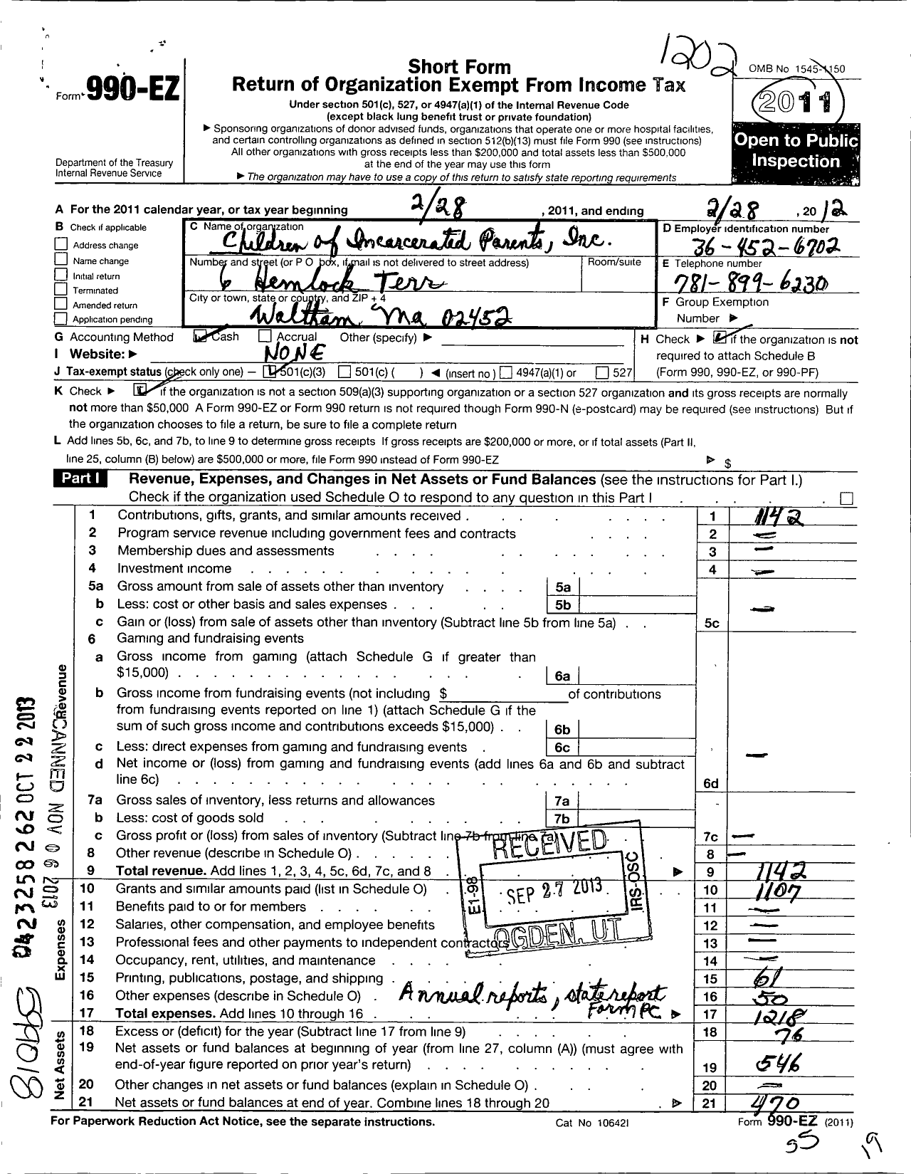 Image of first page of 2011 Form 990EZ for Children of Incarcerated Parents