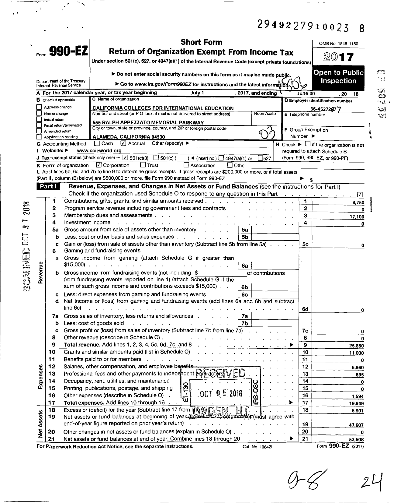 Image of first page of 2017 Form 990EZ for California Colleges for International Education