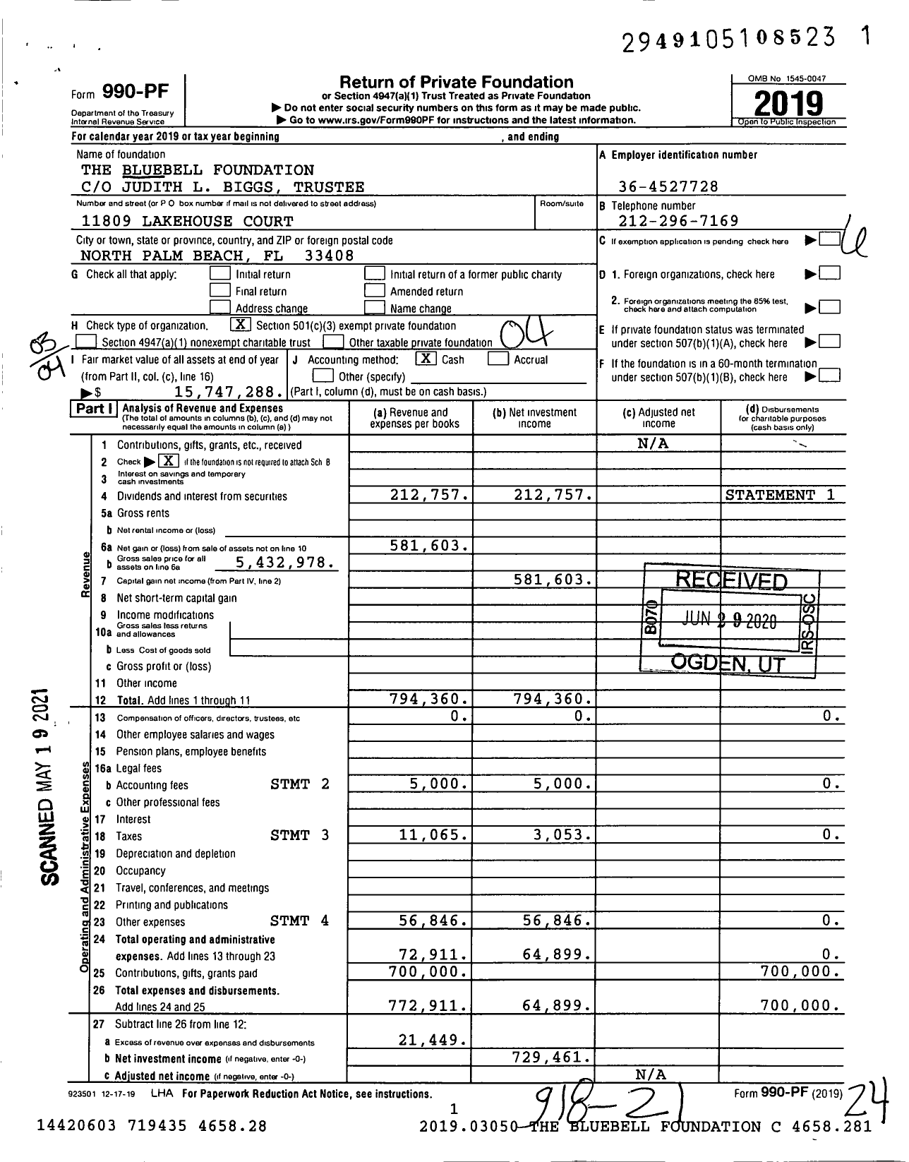 Image of first page of 2019 Form 990PF for The Bluebell Foundation