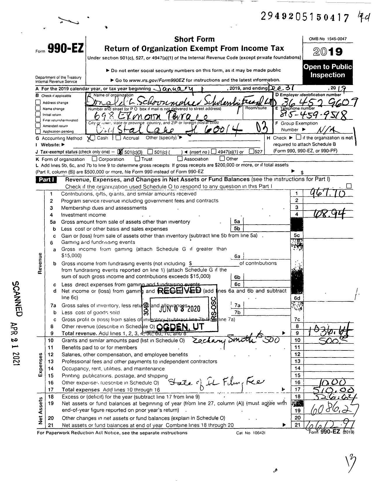 Image of first page of 2019 Form 990EZ for Donald L Schoonmaker Scholarship Fund