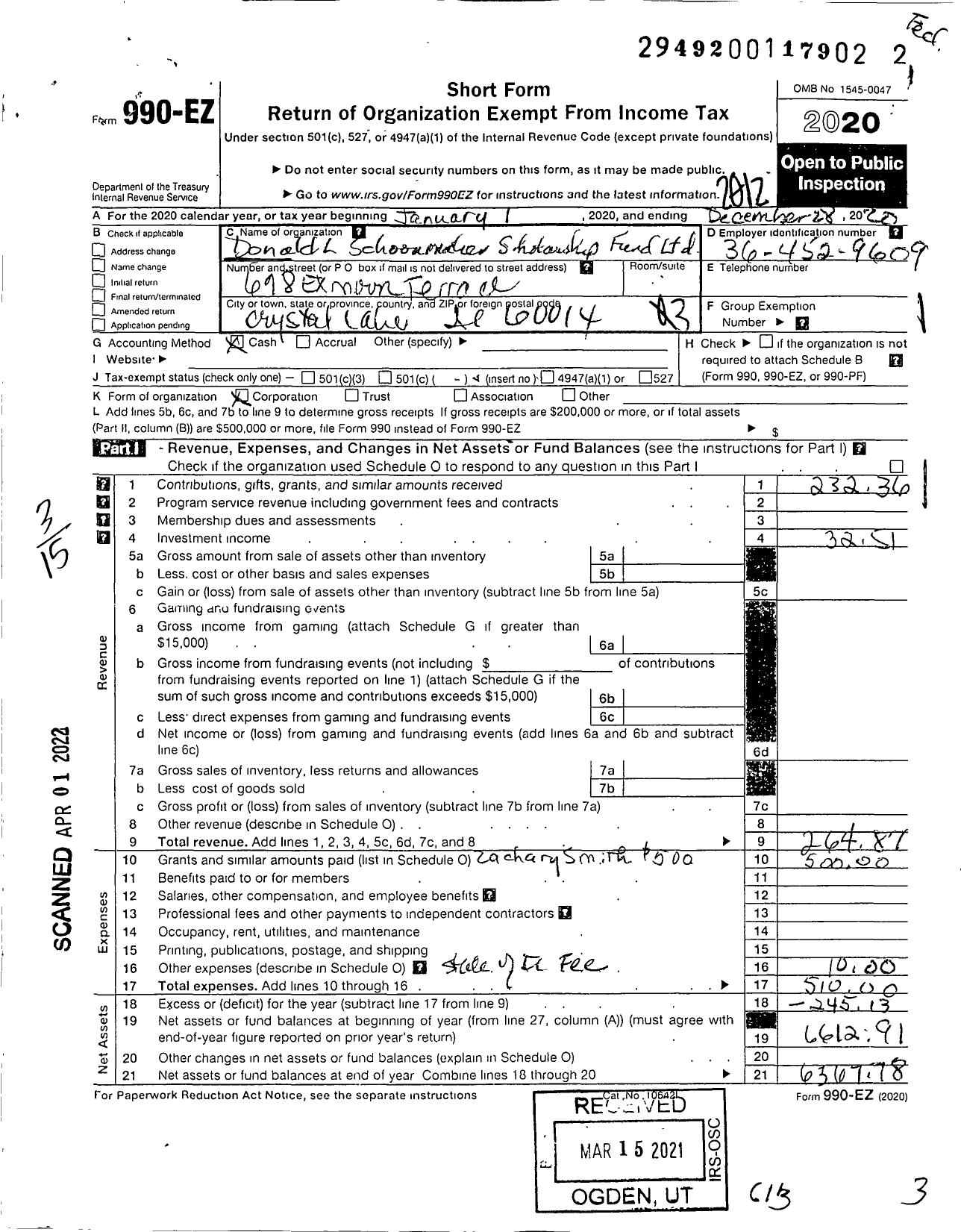 Image of first page of 2020 Form 990EZ for Donald L Schoonmaker Scholarship Fund