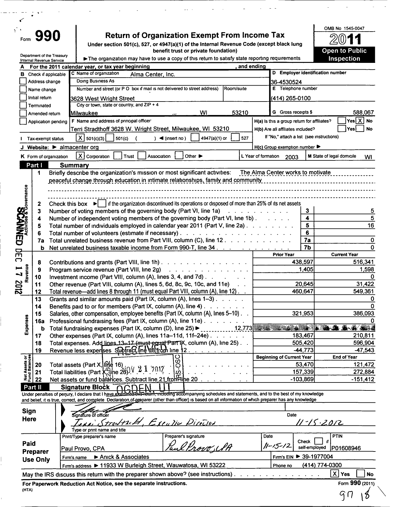 Image of first page of 2011 Form 990 for Alma Center