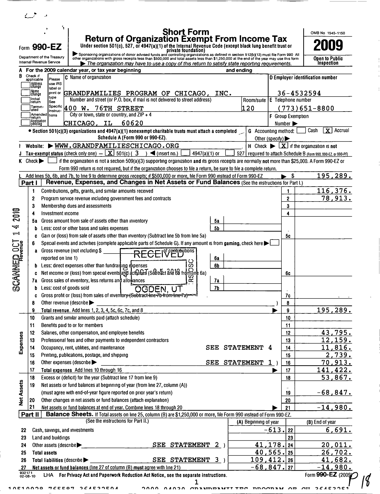 Image of first page of 2009 Form 990EZ for Grandfamilies Families Program of Chicago