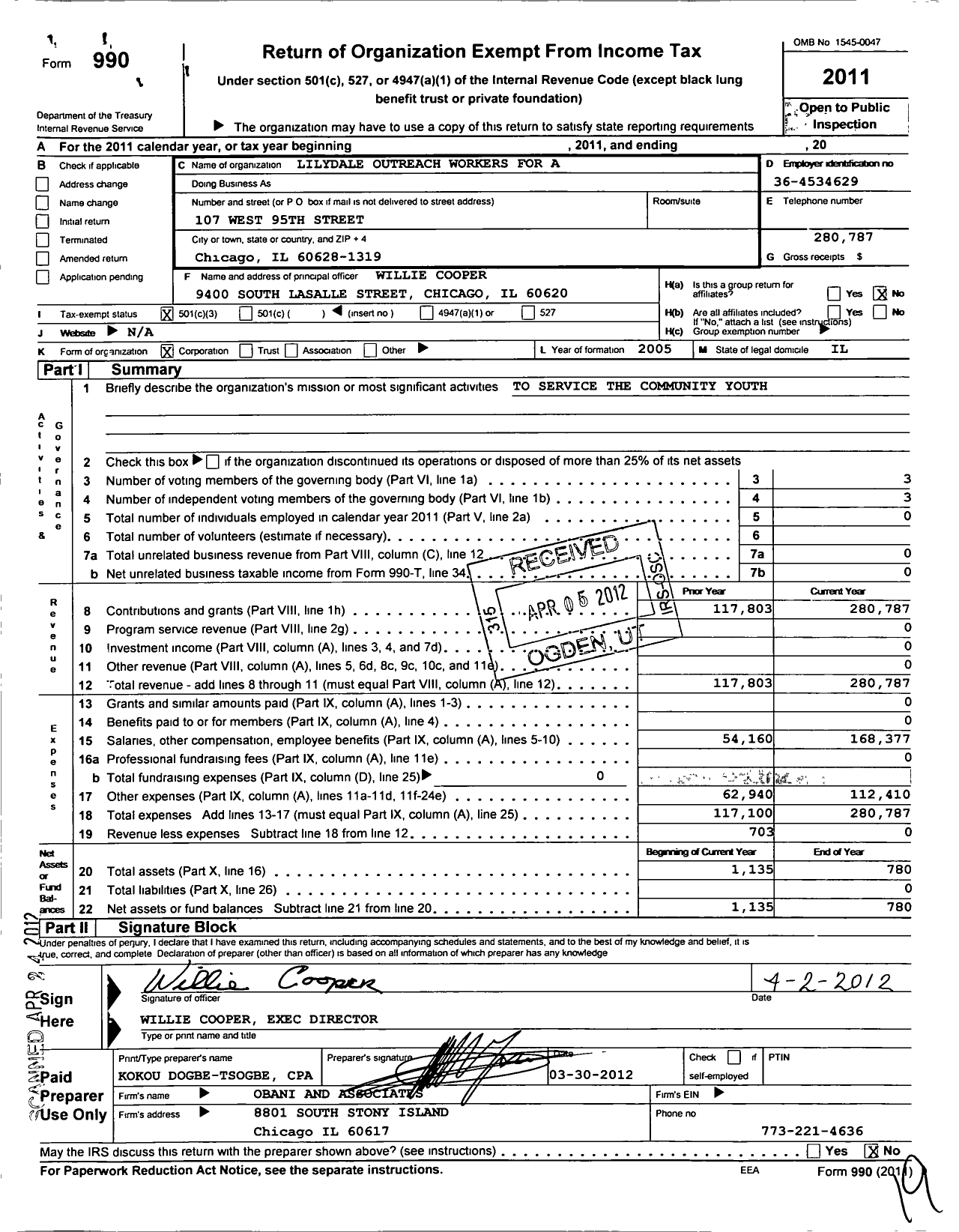 Image of first page of 2011 Form 990 for Lilydale Outreach Workers for A Bet