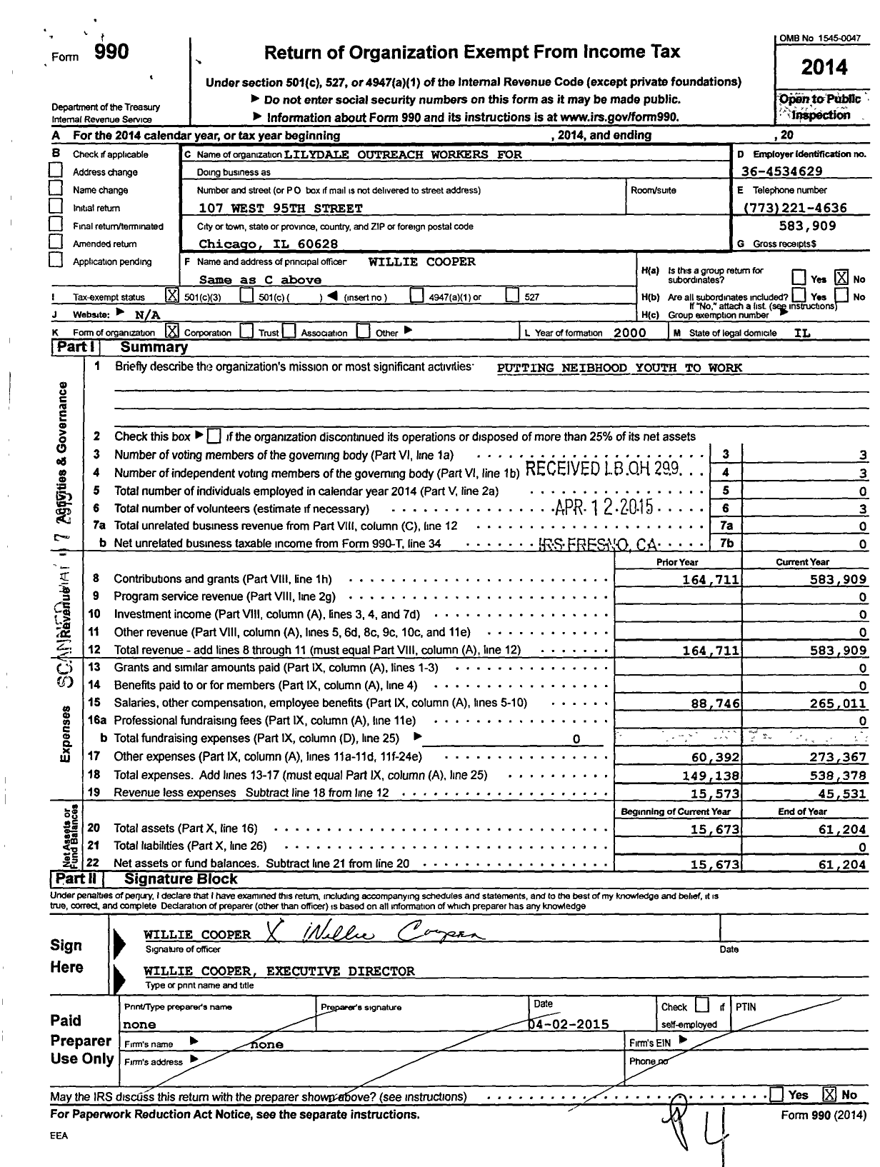 Image of first page of 2014 Form 990 for Lilydale Outreach Workers for A Bet