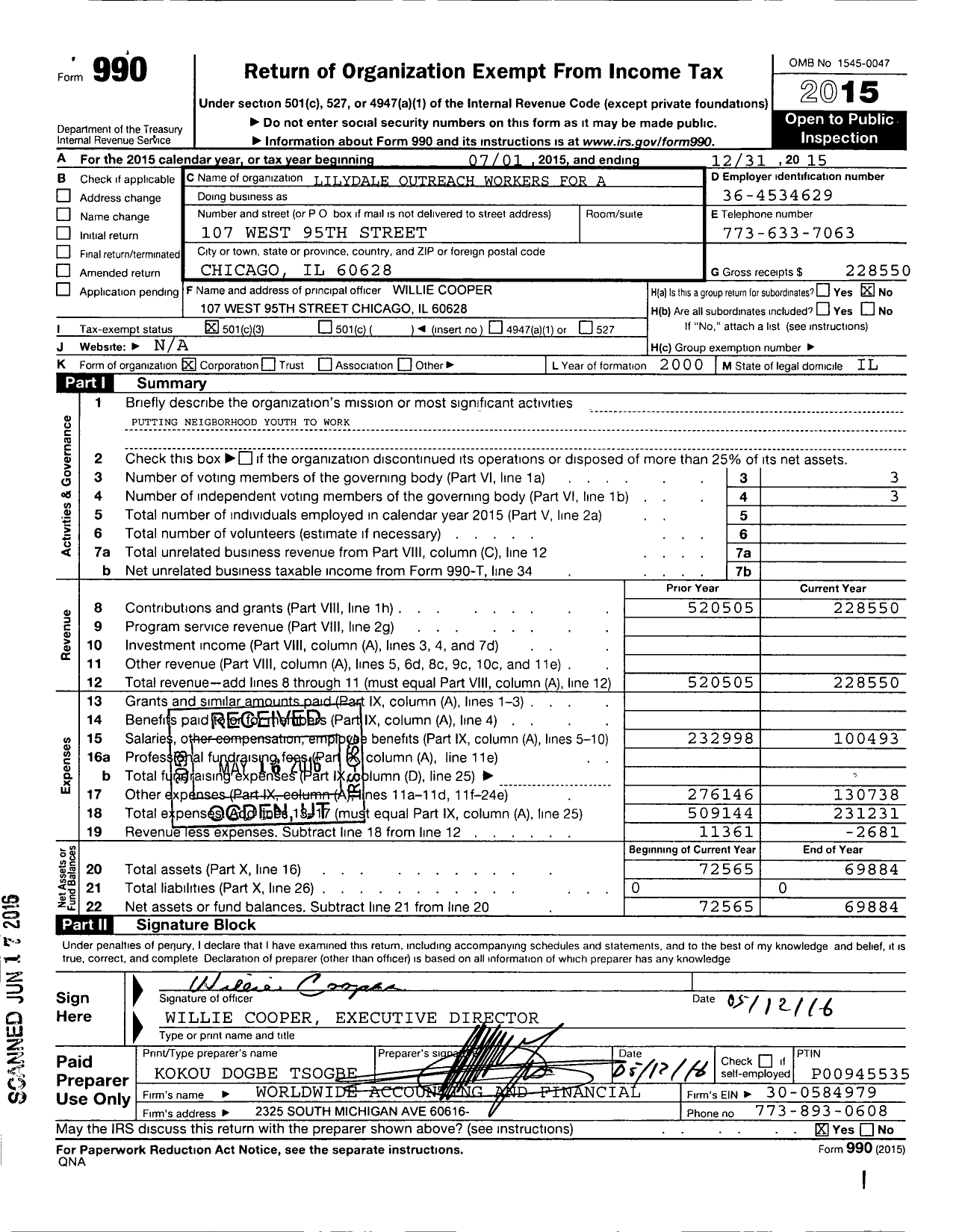 Image of first page of 2015 Form 990 for Lilydale Outreach Workers for A Bet