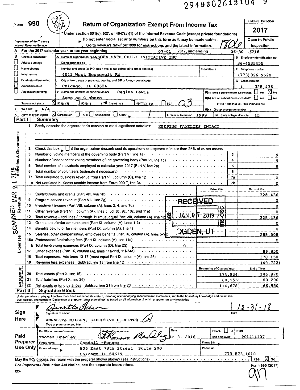 Image of first page of 2017 Form 990 for Sankofa Safe Child Initiative