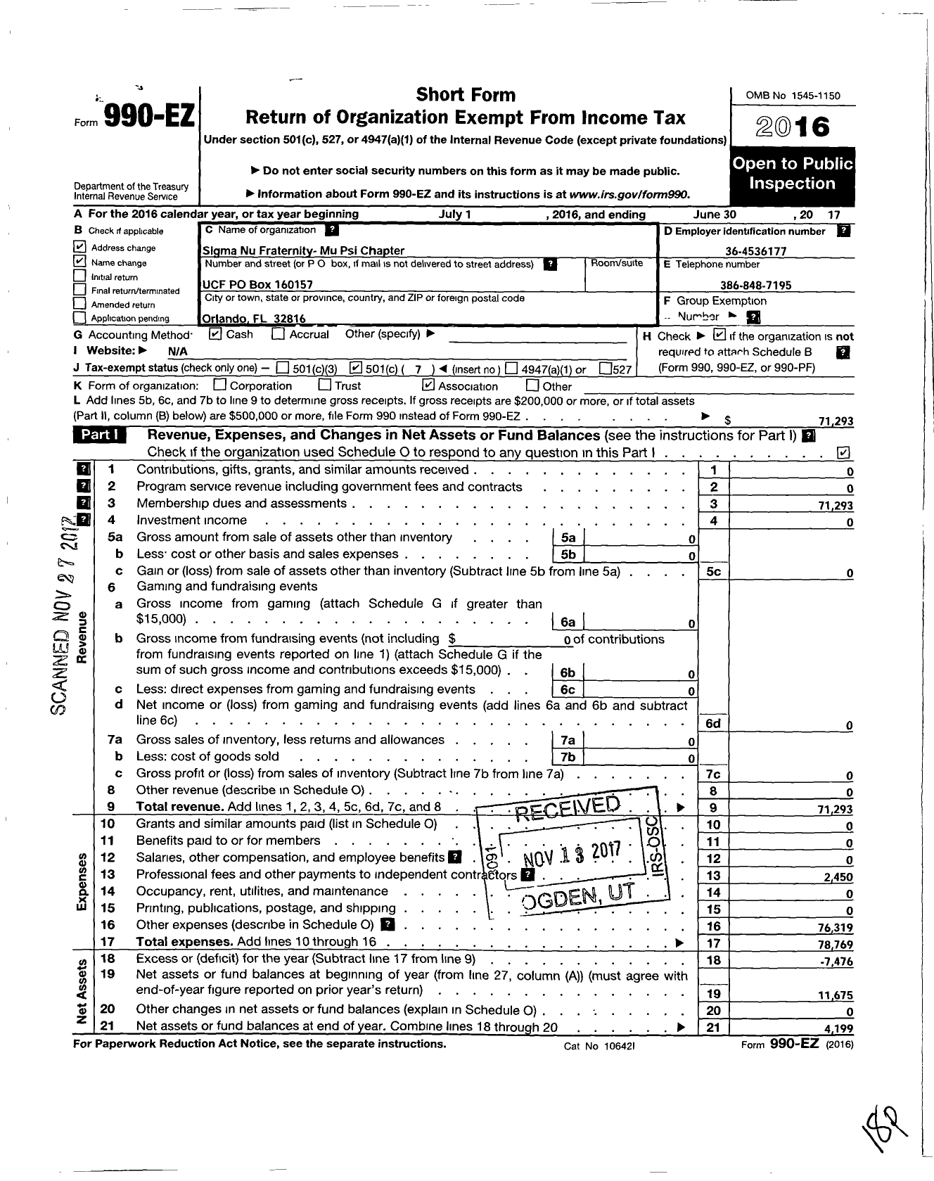 Image of first page of 2016 Form 990EO for Sigma Nu Fraternity Mu Psi