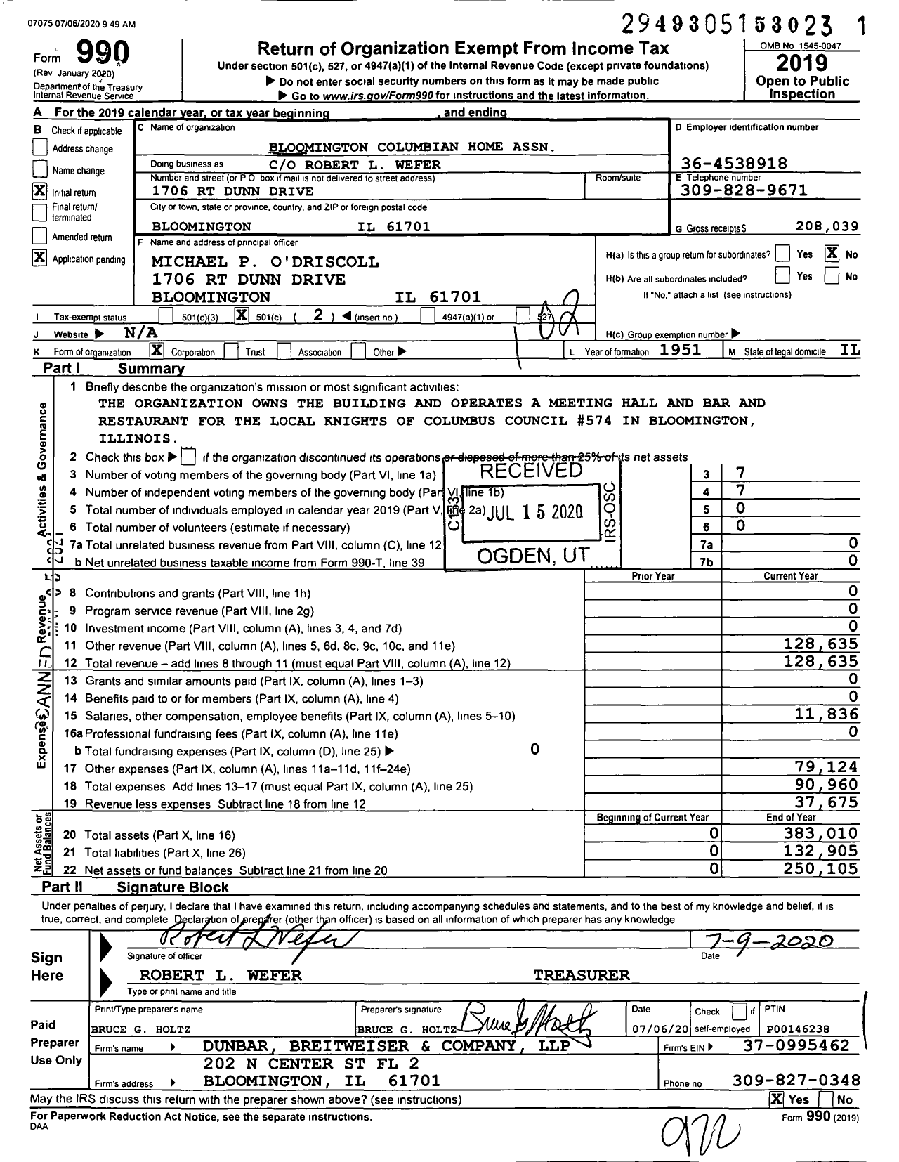 Image of first page of 2019 Form 990O for Bloomington Columbian Home Association / Robert L Wefer