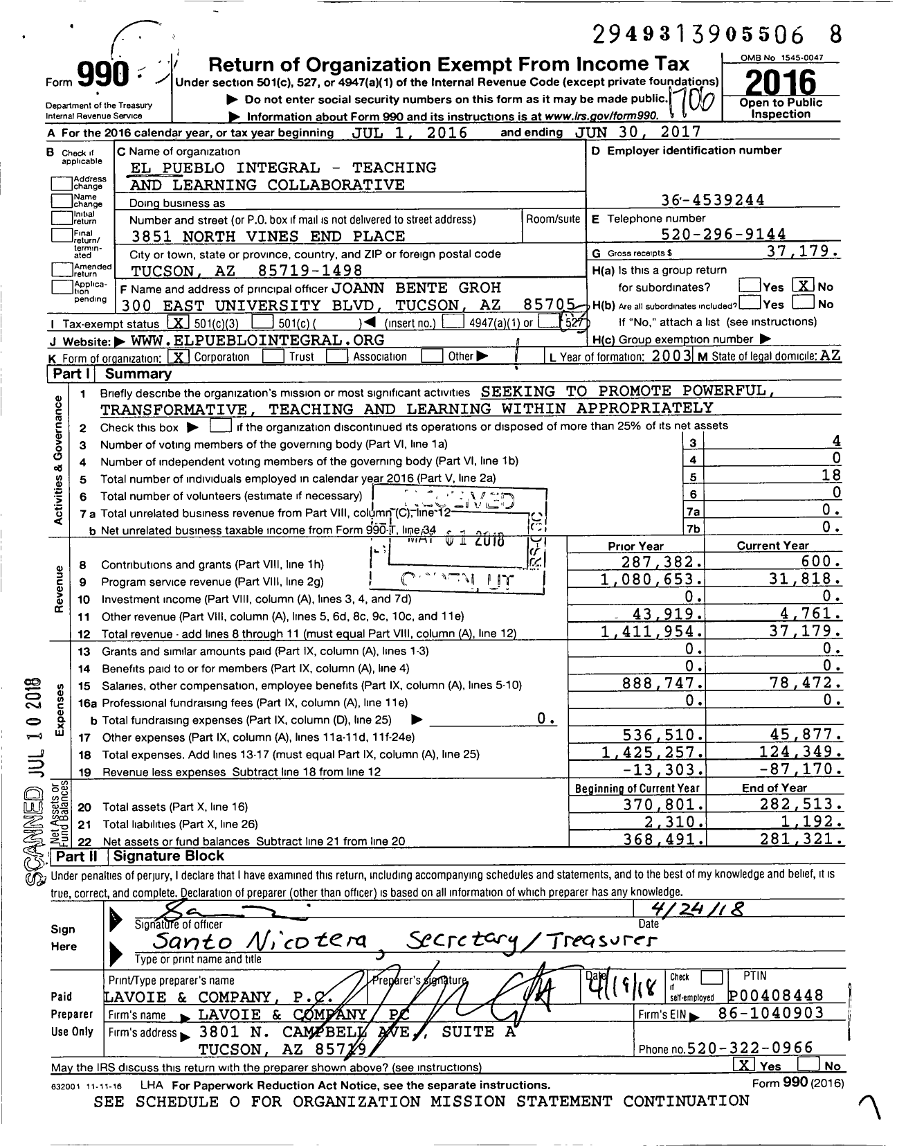 Image of first page of 2016 Form 990 for El Pueblo Integral Teaching and Learning Collaborative