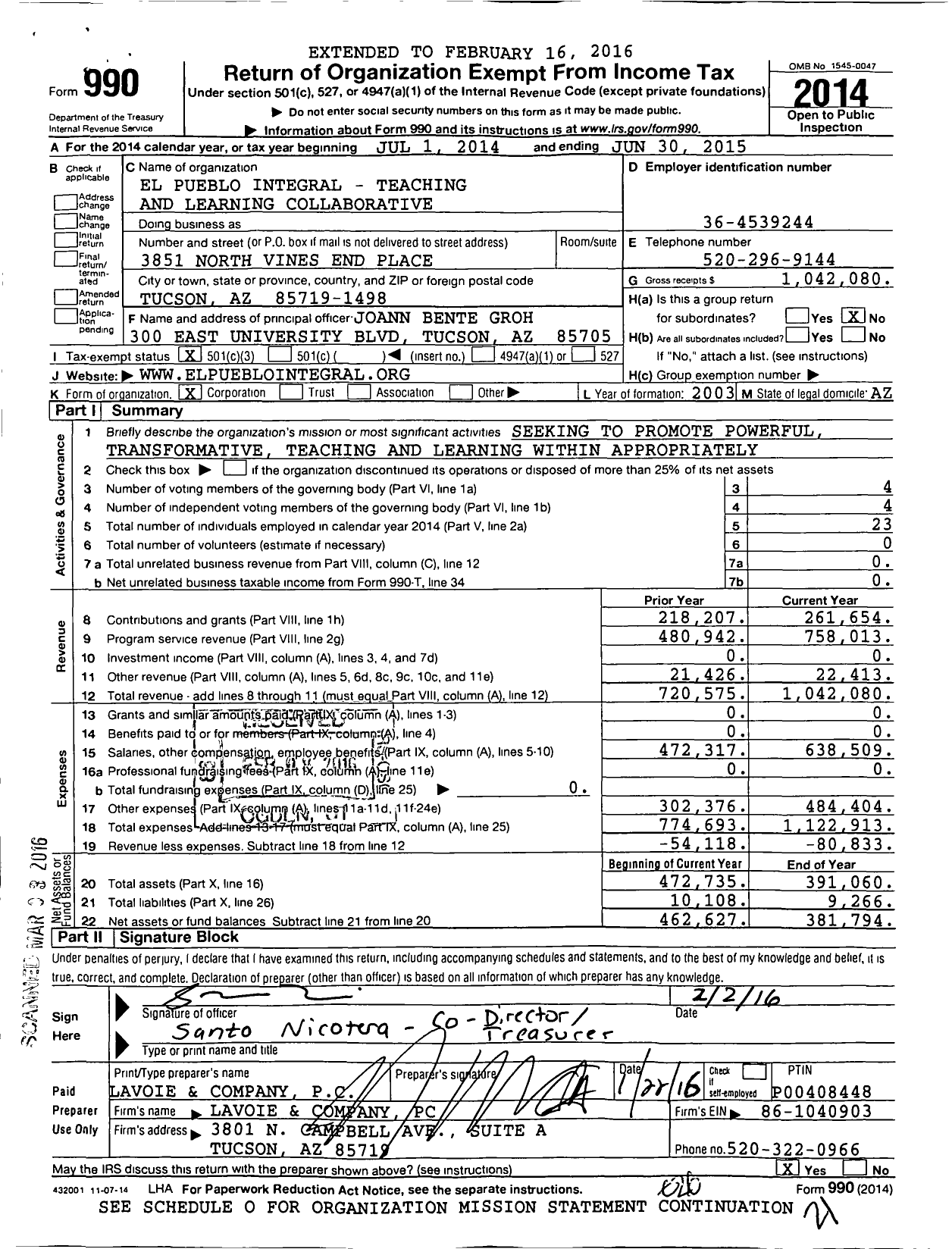 Image of first page of 2014 Form 990 for El Pueblo Integral Teaching and Learning Collaborative