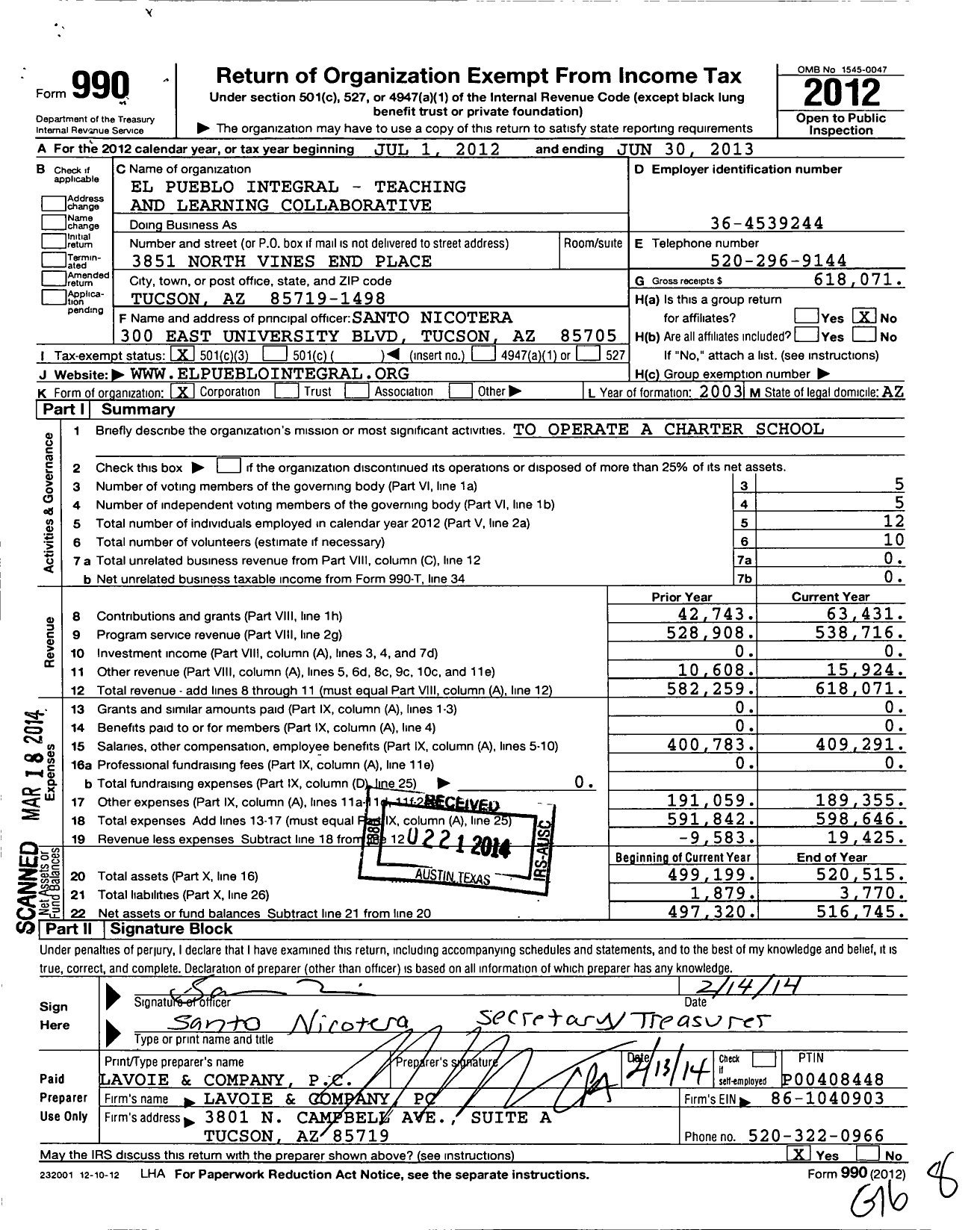 Image of first page of 2012 Form 990 for El Pueblo Integral Teaching and Learning Collaborative