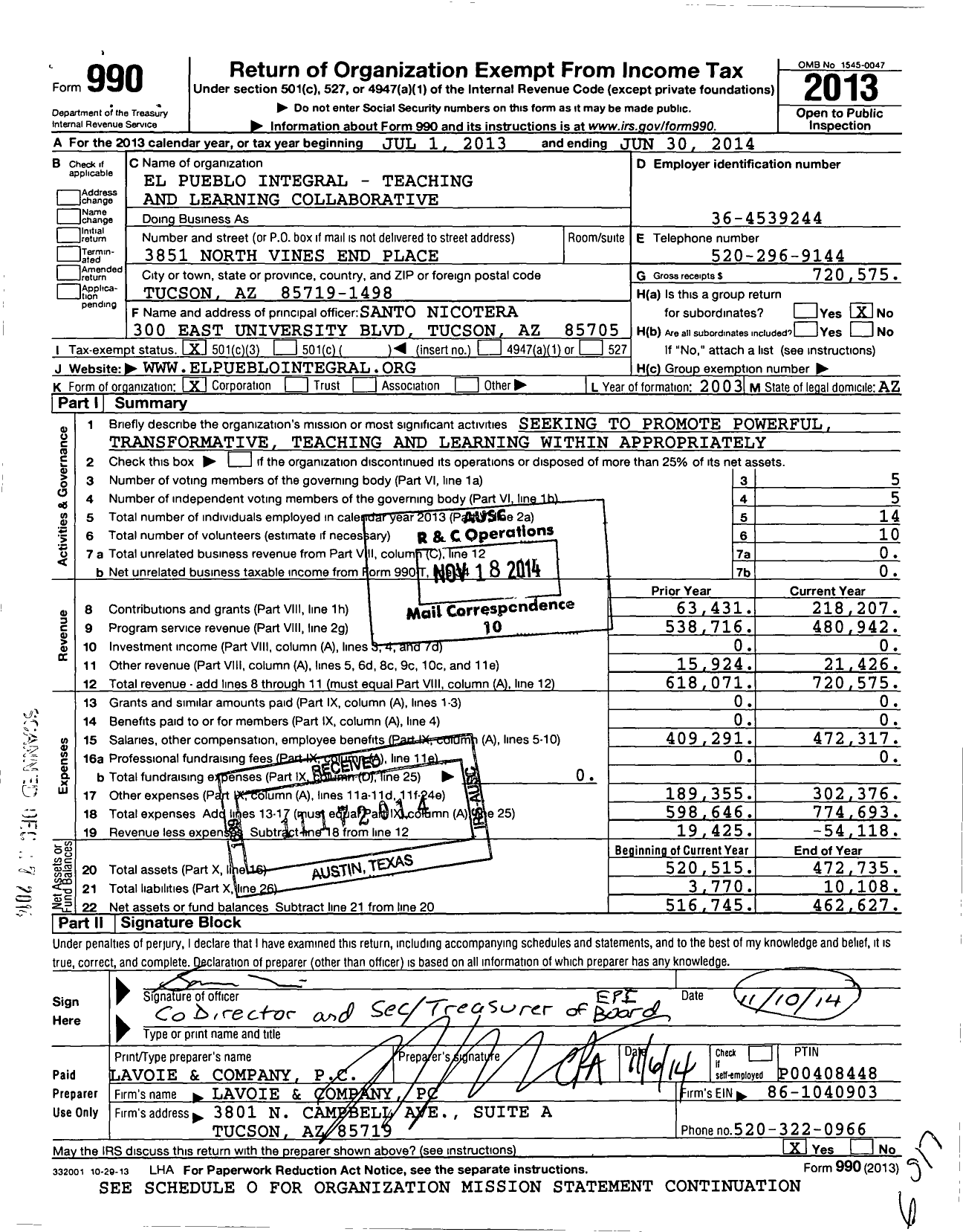 Image of first page of 2013 Form 990 for El Pueblo Integral Teaching and Learning Collaborative